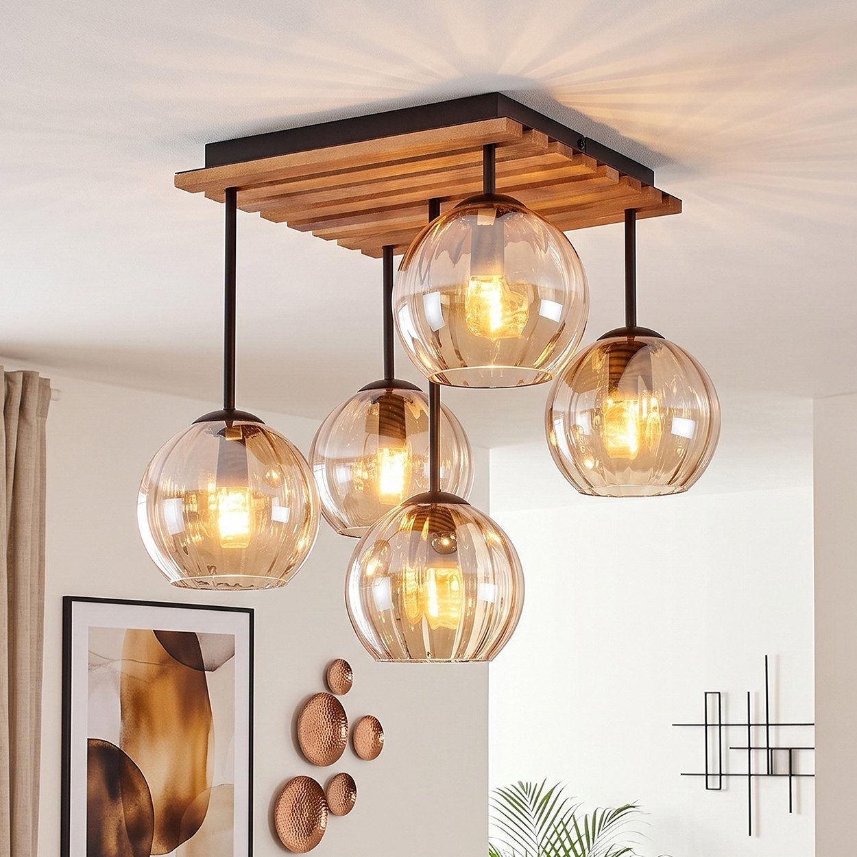 hofstein Deckenleuchte Deckenlampe aus Metall/Holz/Riffelglas in Schwarz/Natur/Bernstein, moderne Deckenleuchte im Retro/Vintage/Boho-Design, 5 x E14