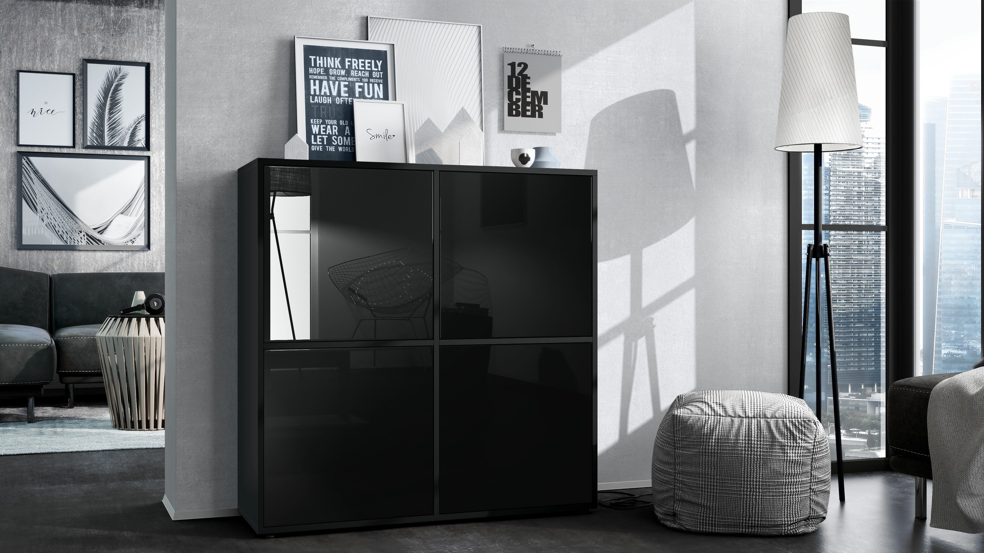 Vladon Highboard Cuba V2 (Schrank, 104 x 105,5 x 35,5 cm Sideboard mit 8 Fächern), Korpus in Schwarz matt / Fronten in Schwarz Hochglanz