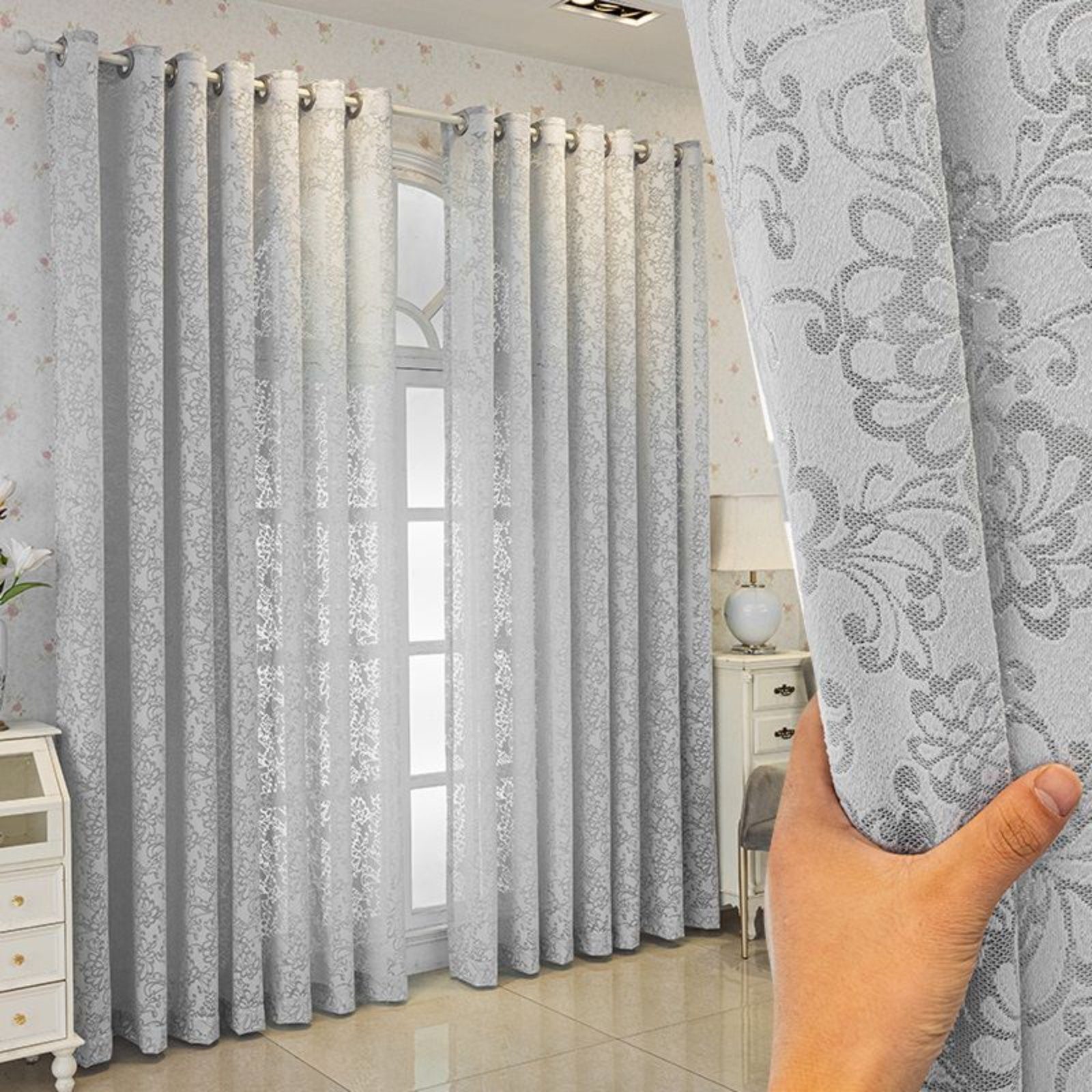 Grau Gardine, halbtransparent, Stickerei (2 HOMEIDEAS, Polyester, Ösen St), Jacquard-Fensterschirm,