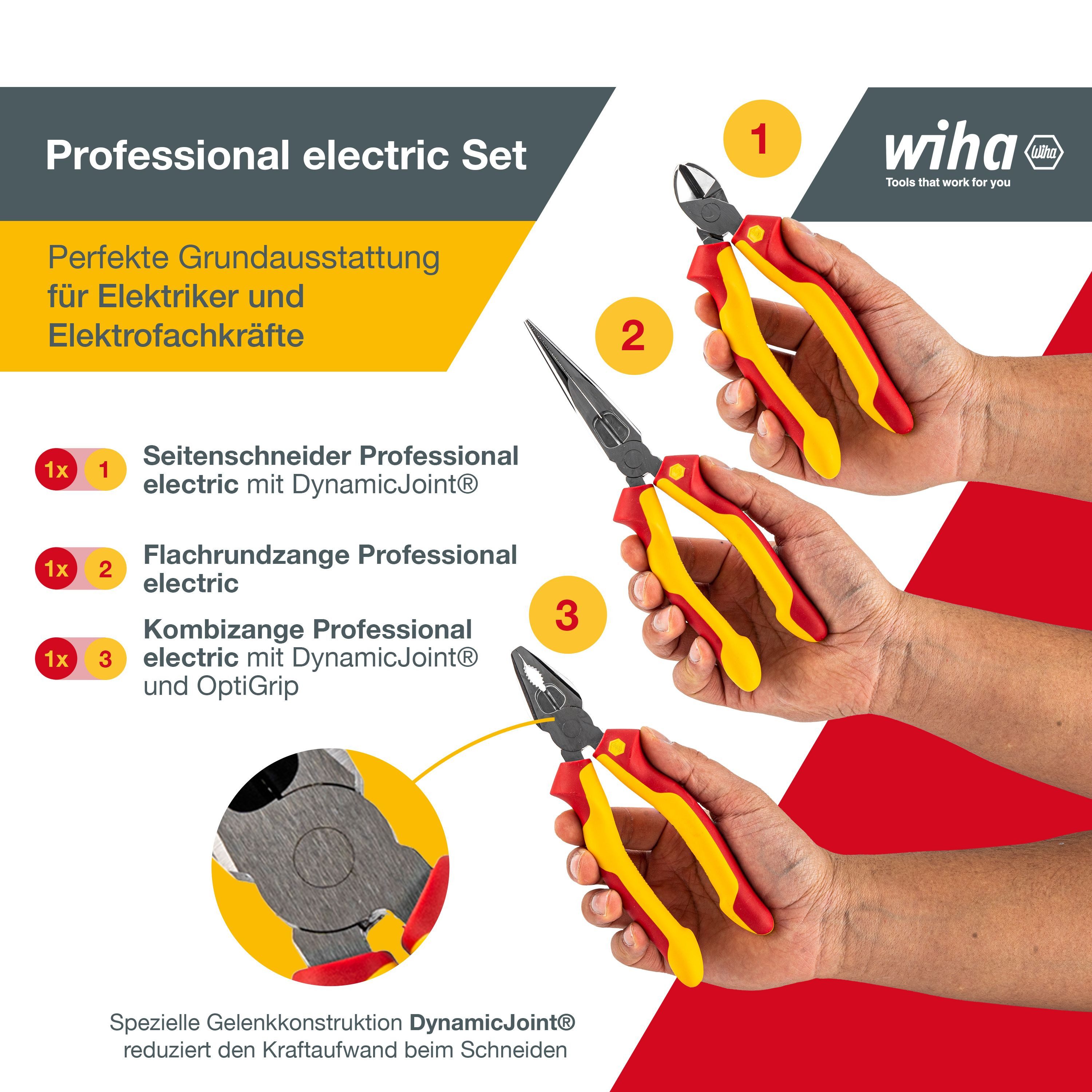 Wiha Zangenset Professional electric (26852) - 3 tlg., 3-tlg., Kombizange 180 mm, Flachrundzange 200 mm, Seitenschneider 160 mm, VDE