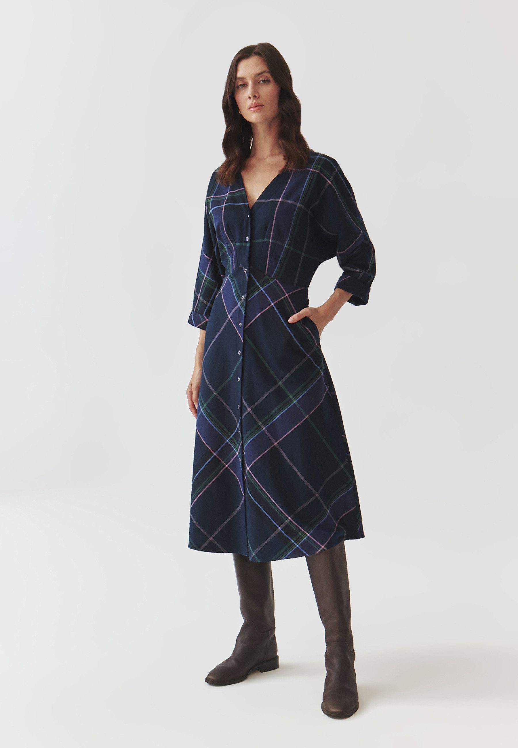 TATUUM Midikleid 3/4-Ärmeliges Ausgestelltes Kariertes Stoffkleid - Samotali