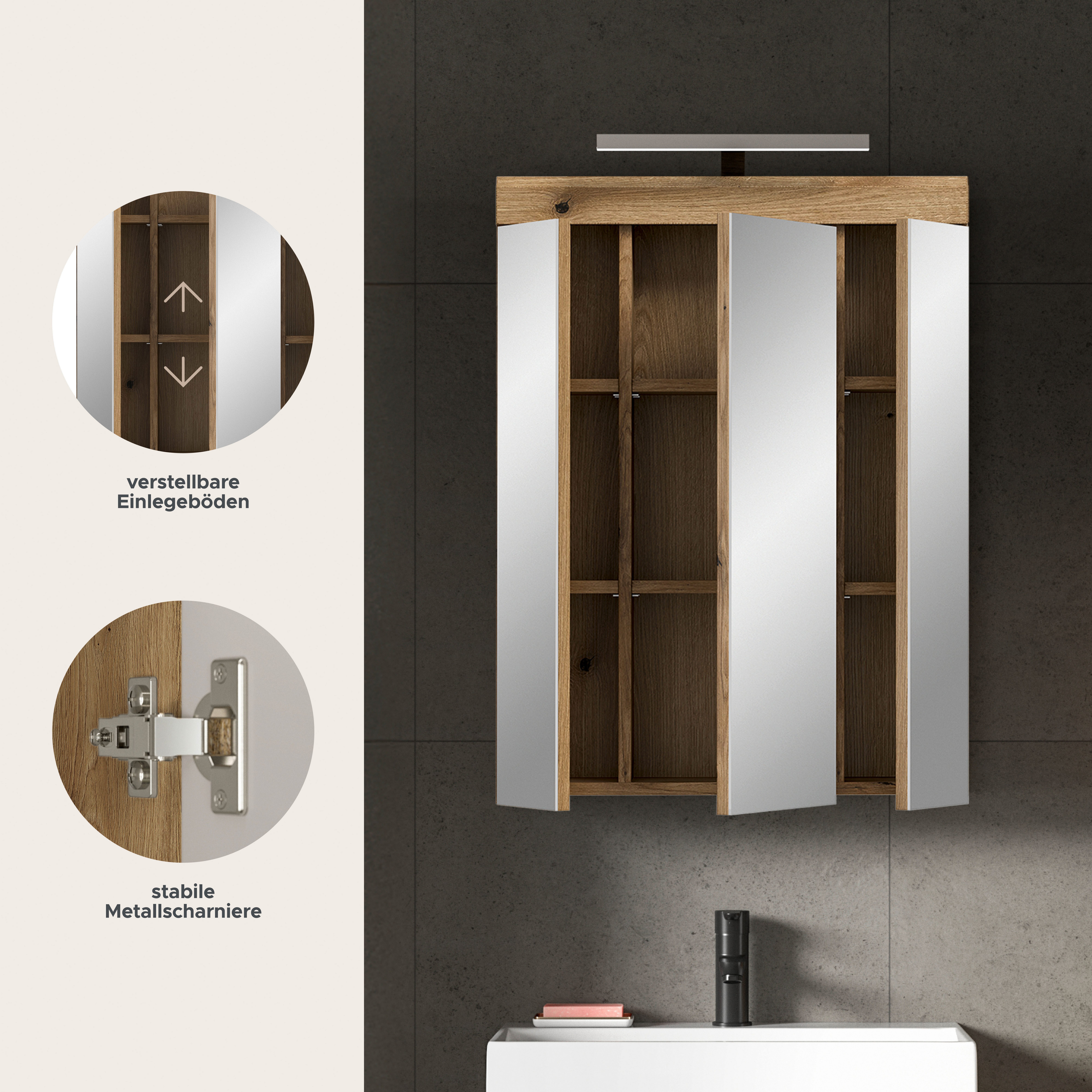 welltime Badezimmerspiegelschrank SIENA, Breite 60cm, inkl. Beleuchtung, 3 Spiegeltüren, 9 Fächer (Set, TOPSELLER) in verschiedenen Farben erhältlich, Badmöbel, – Bild 4 von 5