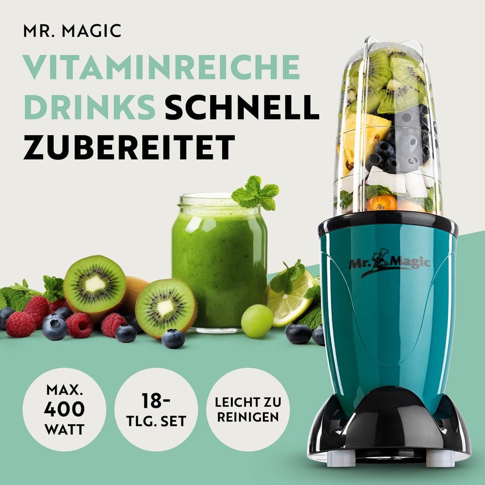 GOURMETmaxx Standmixer Smoothie Maker & Standmixer 18tlg. Set - 400W, 400 W, Mixer inkl. 4 To-Go Becher, 2 Klingen, Entsafter, Stößel & Deckel