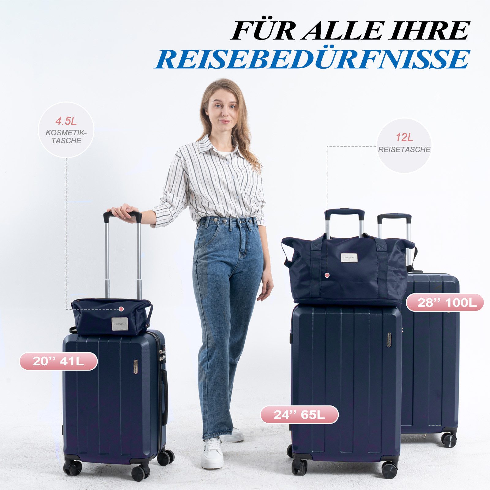 VALLSERO Trolleyset Koffer-Set( M,L,XL) Hartschalen-Koffer, Rollkoffer 5-teiliges Set, Handgepäck 4 Rollen, ABS-Material, Schwarz/Pink
