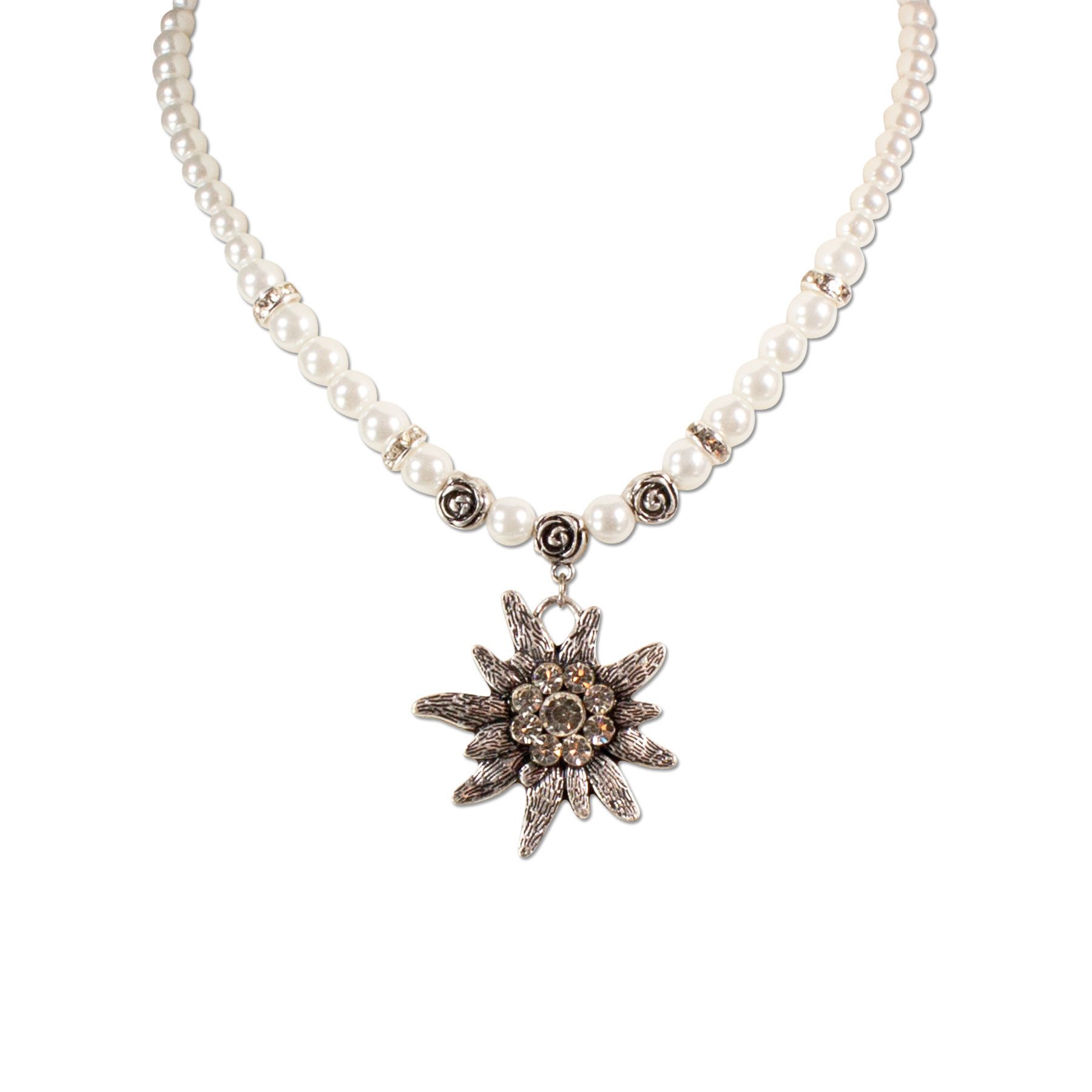 Alpenflüstern Collier Perlen-Trachtenkette Fiona mit Strass-Edelweiß groß (creme-weiß), - Damen-Trachtenschmuck Dirndlkette – Bild 3 von 4