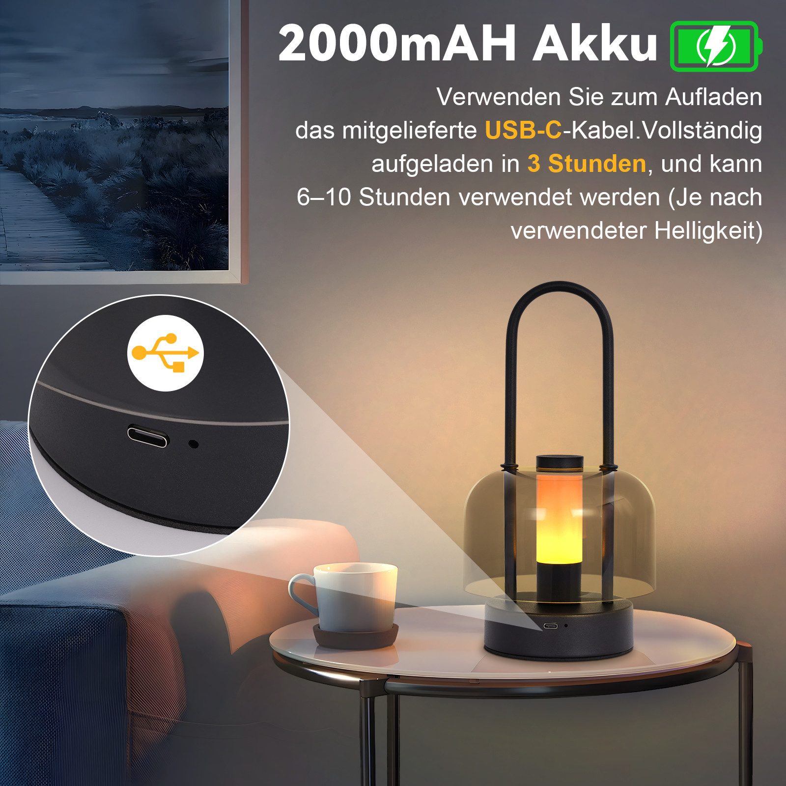 ZMH LED Tischleuchte Tischlampe Akku LED Tragbare Tischleuchte, TragbarTischlampe, ohne Leuchtmittel, Kabellos Nachttischlampe Dimmbare 1800K-6500K – Bild 4 von 5