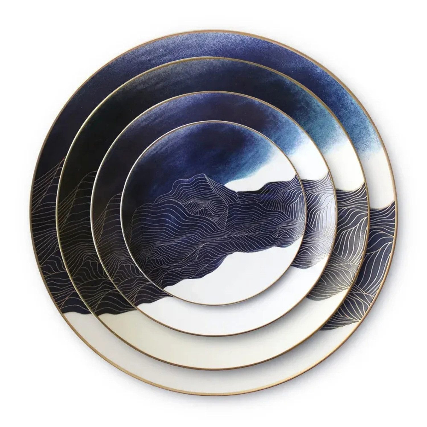 Quality Elegance Teller-Set Luxuriöses Blau-Marmor Bone China Geschirrset mit Goldrand (4-tlg)