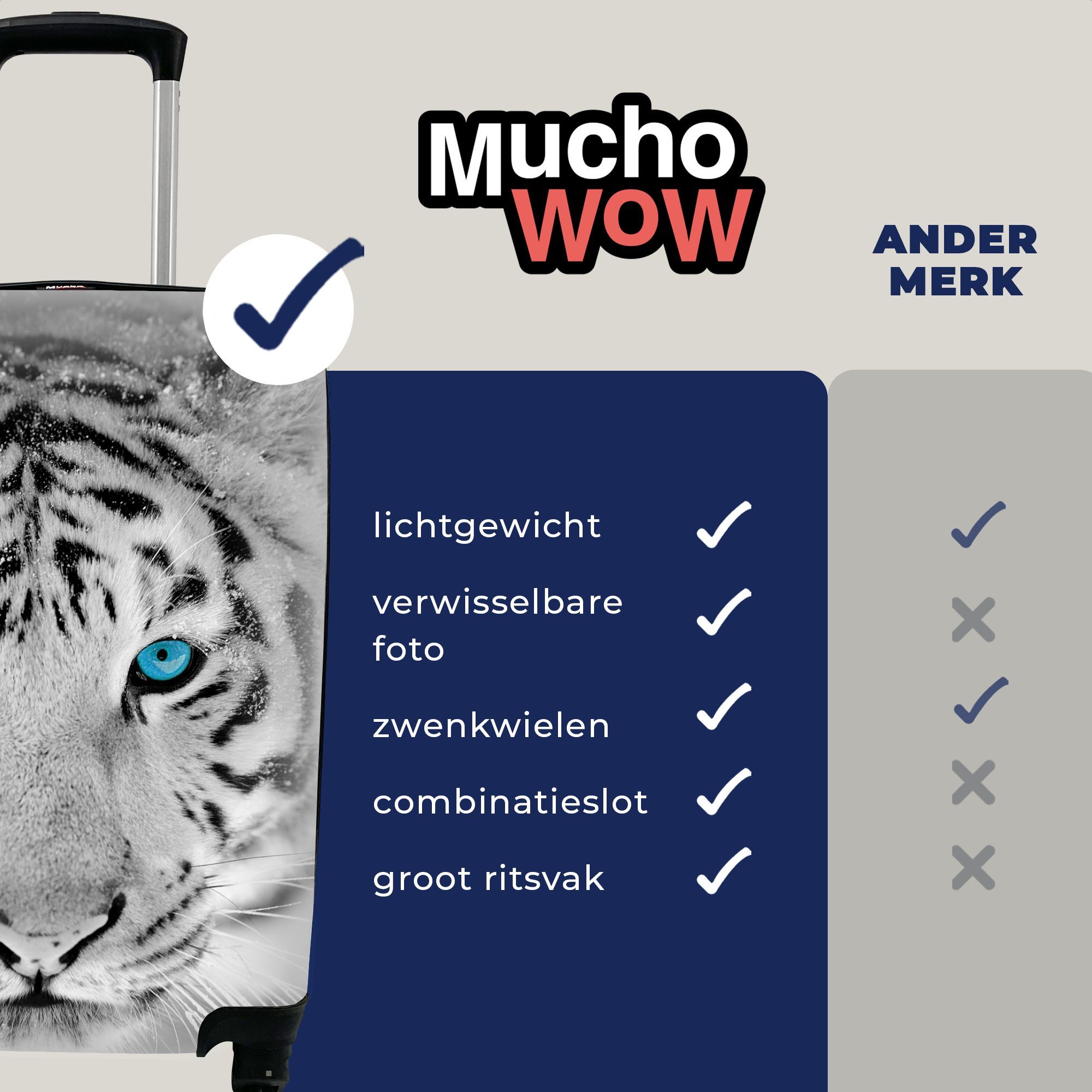 - Schwarz Tiger Rollen, Blau weiß, - für - Tiere und rollen, MuchoWow Trolley, mit Augen Ferien, Handgepäck - 4 Reisetasche Reisekoffer Handgepäckkoffer