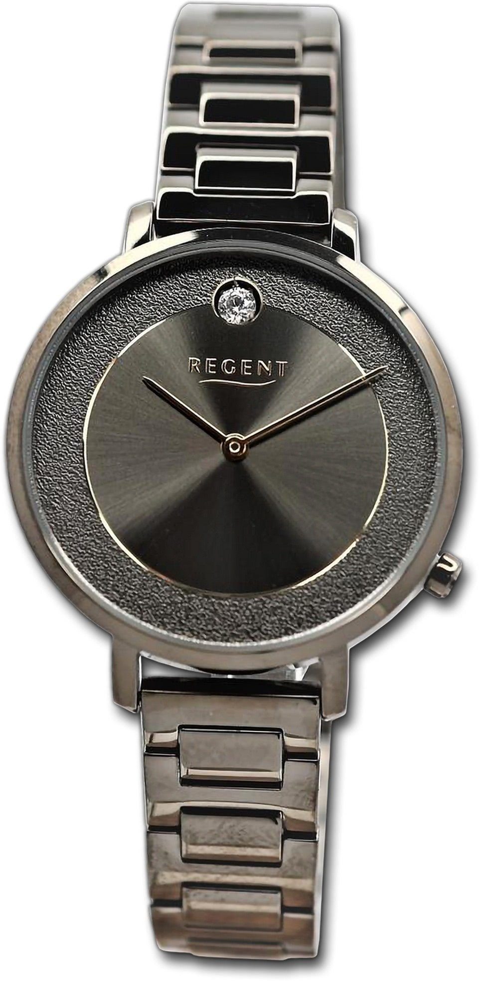Regent Quarzuhr Regent Damen Armbanduhr Analog, Damenuhr Metallarmband dunkelgrau, rundes Gehäuse, groß (ca. 35mm)