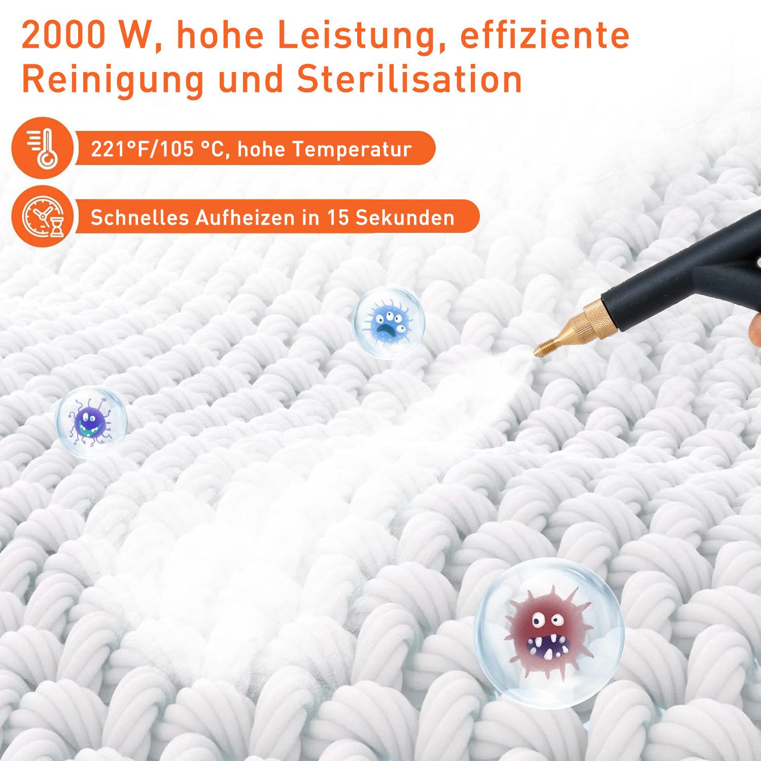 INSE Handdampfreiniger Tragbarer Dampfreiniger, Druckdampfreiniger, Reinigungsgerät, 2000 W, 6 einstellbare Geschwindigkeiten, 1500 ml Wassertankkapazität