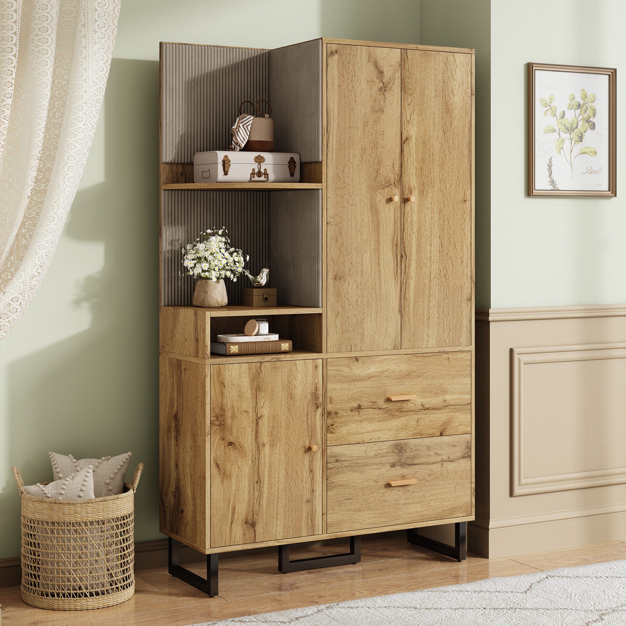 Merax Kompaktgarderobe mit Polsterpaneelen (Garderoben-Set Flurgarderoben Set Scandi, 1-St., 110x38x186 cm) Dielenschrank mit Schuhschrank, Regalfächern & Soft-Close-Türen