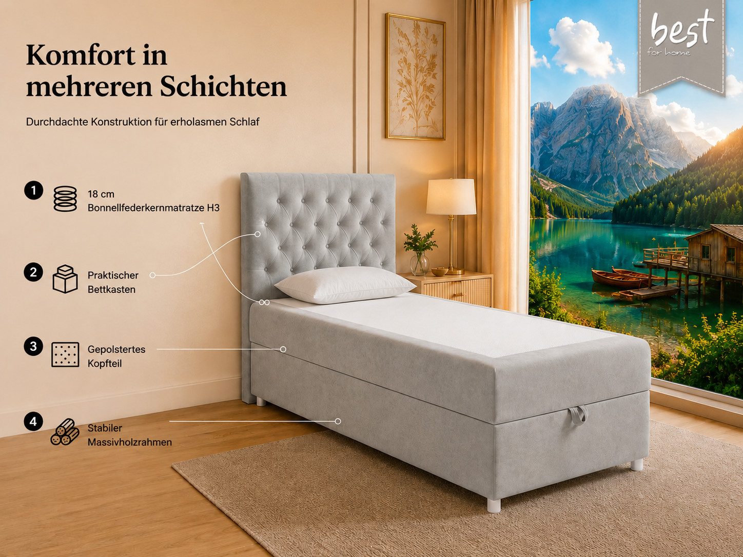 Best for Home Boxspringbett Trinity K-14 Boxspringbett mit Bettkasten & Bonnell-Federkern (Einzelbett, Polsterbett gepolstertes Kopfteil, Jugendbett, Kinderbett, 3-St., 70x200 80x200 90x200 100x200 cm), Handwerksqualität, TOP Preis-Leistungs-Verhältnis