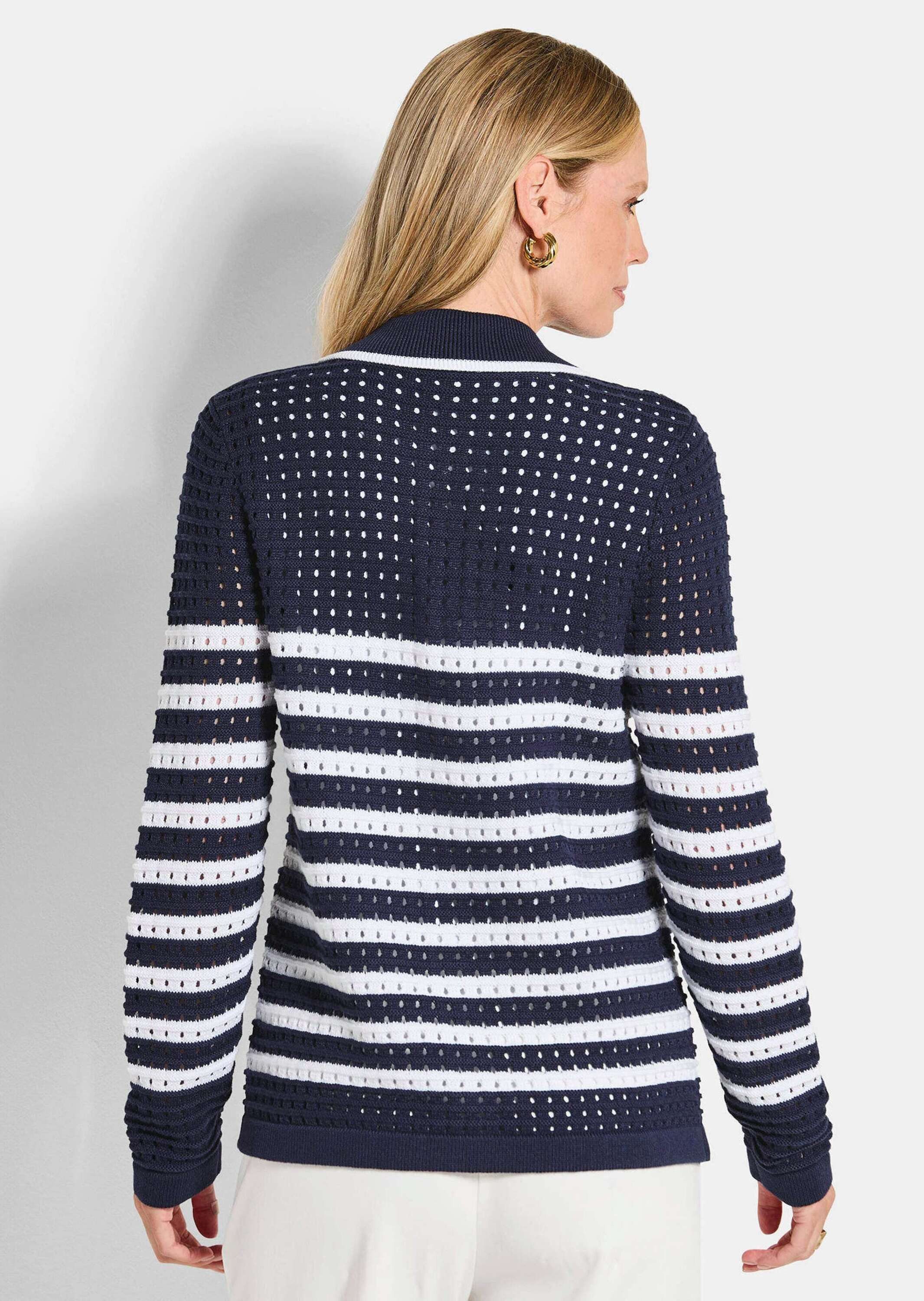 GOLDNER Strickjacke Kurzgröße: Polopullover mit Lochmuster Baumwolljacke mit Polokragen, Knopfleiste und Langarm