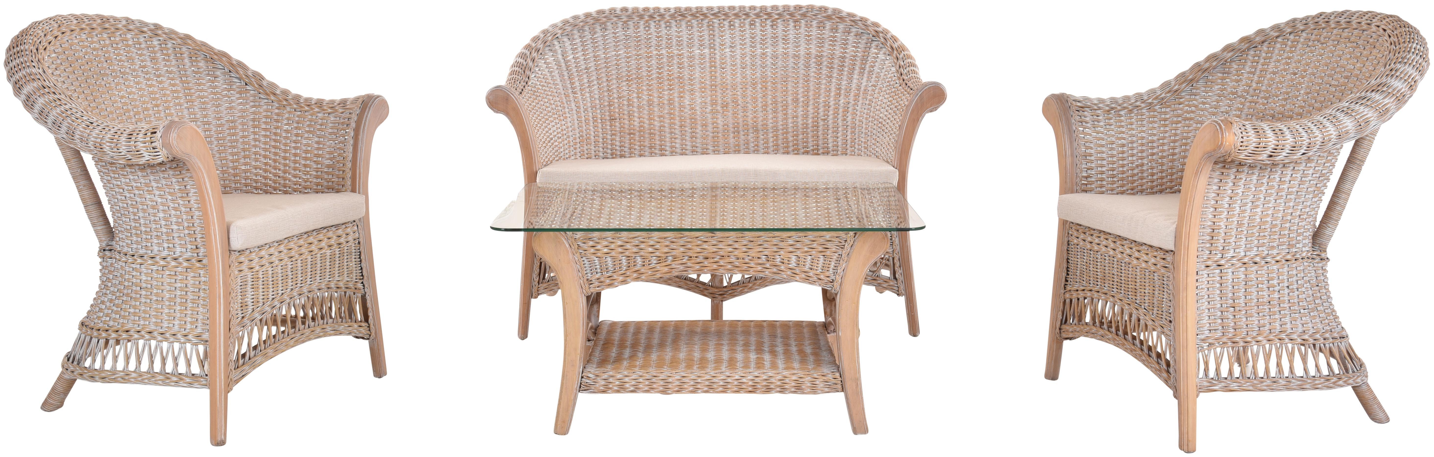 Krines Home Sitzgruppe Set/4 Rattan Wohnzimmerset Vincent Rattangarnitur Sitzgruppe Rattanset, (4-tlg., 2x Sessel, 1x Zweisitzersofa, 1xTisch), Rattangruppe Rattanmöbel