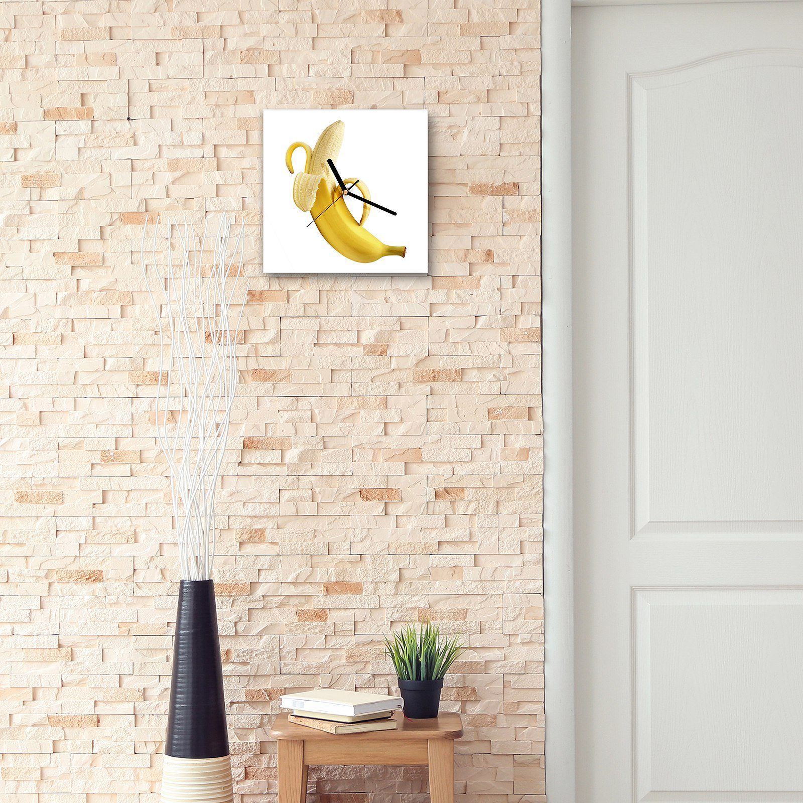 Primedeco Wanduhr Glasuhr Motiv Geschälte 30 mit cm Größe 30 Wanduhr Banane Wandkunst x