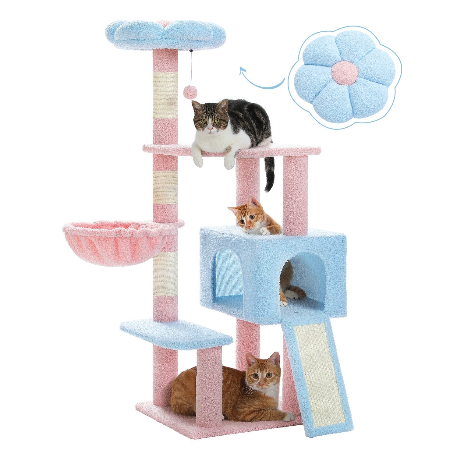 PETEPELA Kratzbaum Blumen-Kratzbaum für Katzen, Niedliches Design mit großem Schlafhaus, Platzsparend,120cm,blau, grün von PETEPELA