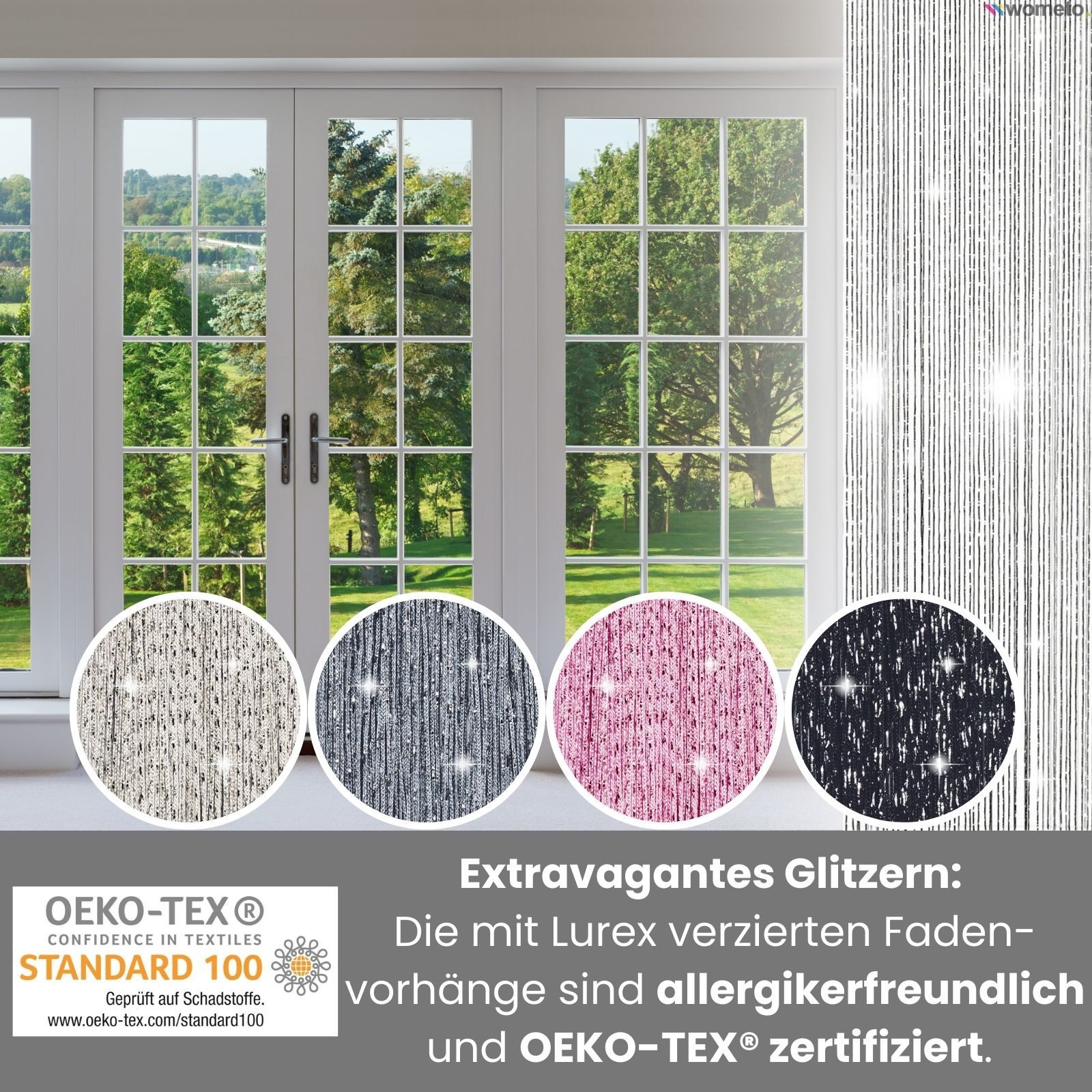wometo Fadenvorhang Lurex (1 St), Stangendurchzug, halbtransparent, 100% Polyester, OEKO-TEX®, Fadengardine mit GLITZER-Effekt, kürzbar