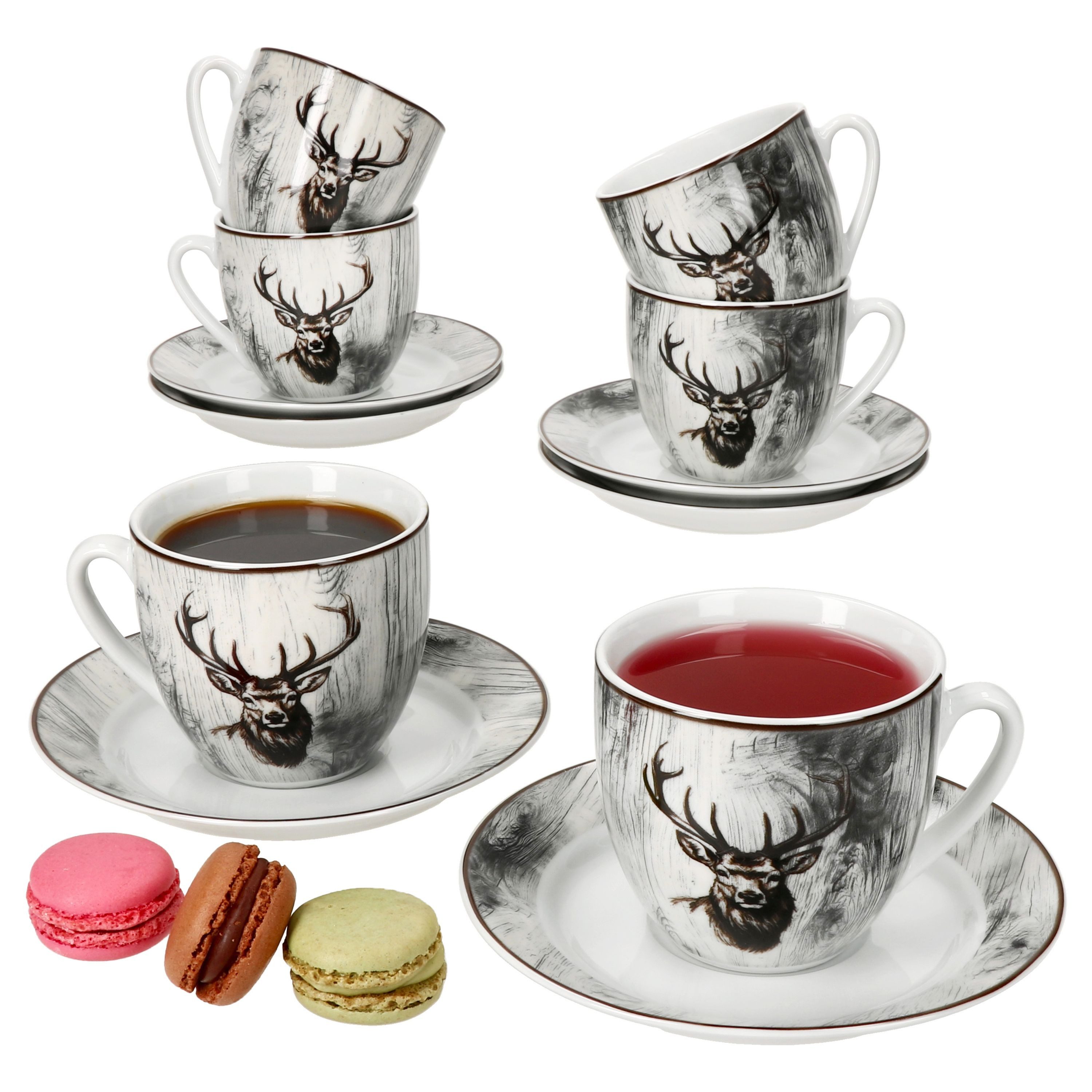 Tasse 6er Set Alois Kaffeetassen mit Untertassen 6 Personen Porzellan Hirsch