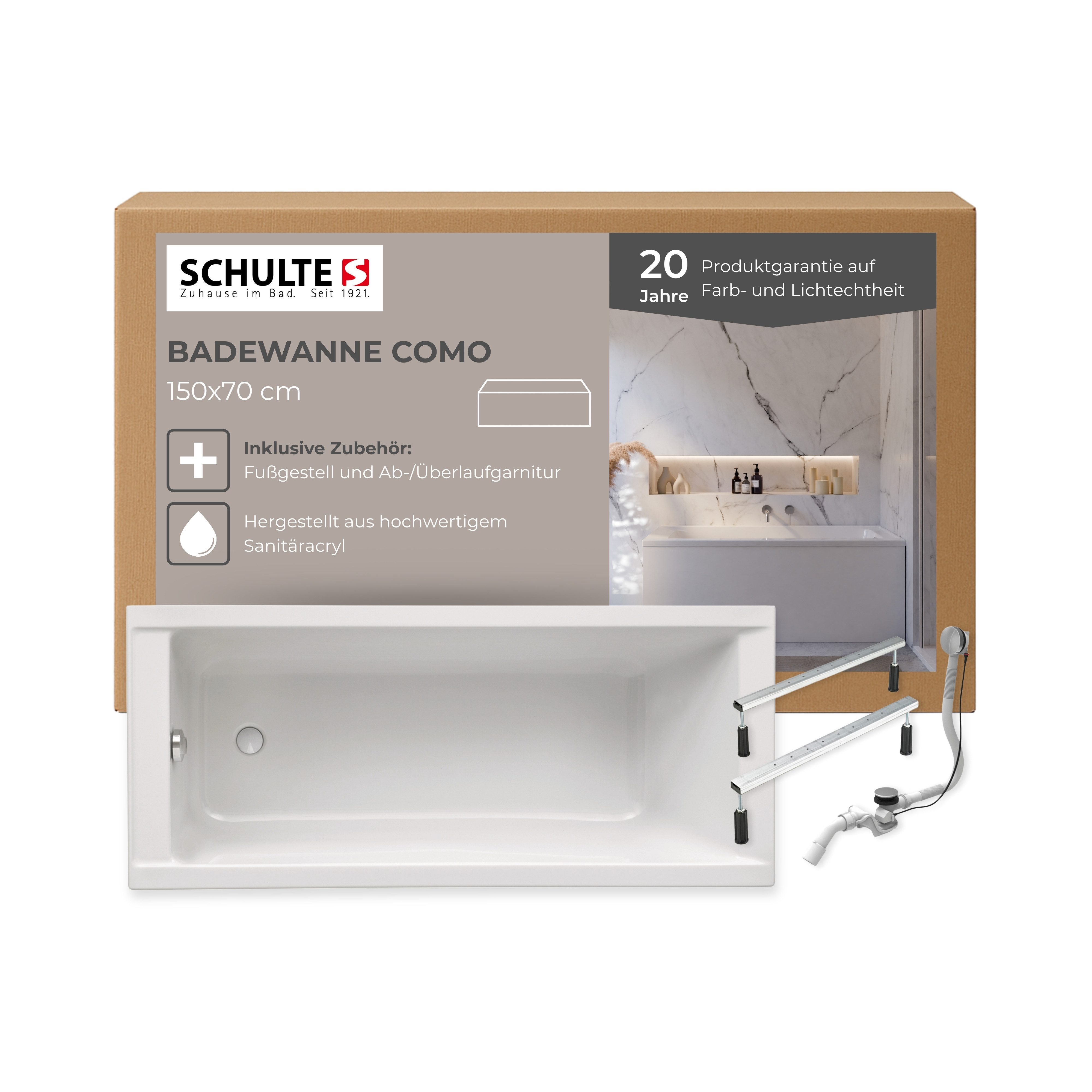 Schulte Badewanne Rechteck Como, 150x70 cm Sanitäracryl Weiß Komplett-Set mit Fußgestell und Ablauf