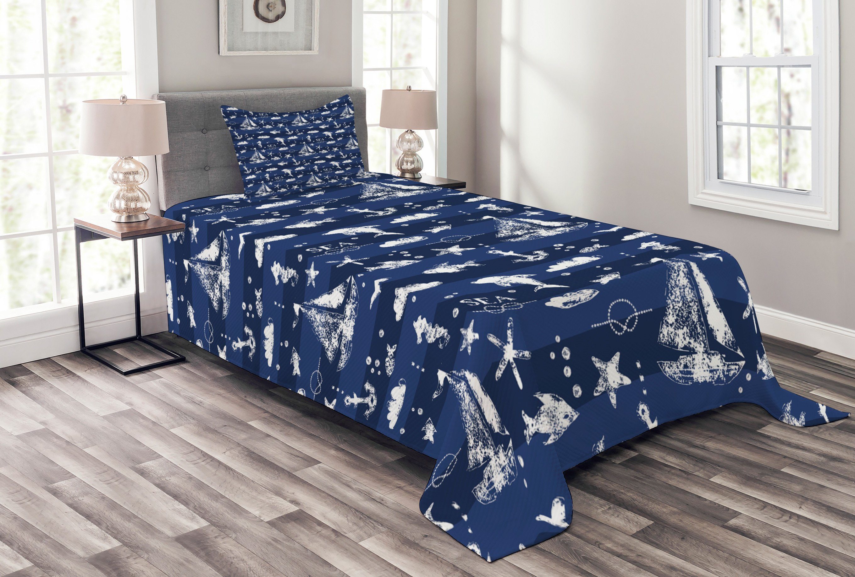 Grunge Anchor blau Schiff Navy Kissenbezügen Tagesdecke Set mit Waschbar, Abakuhaus,