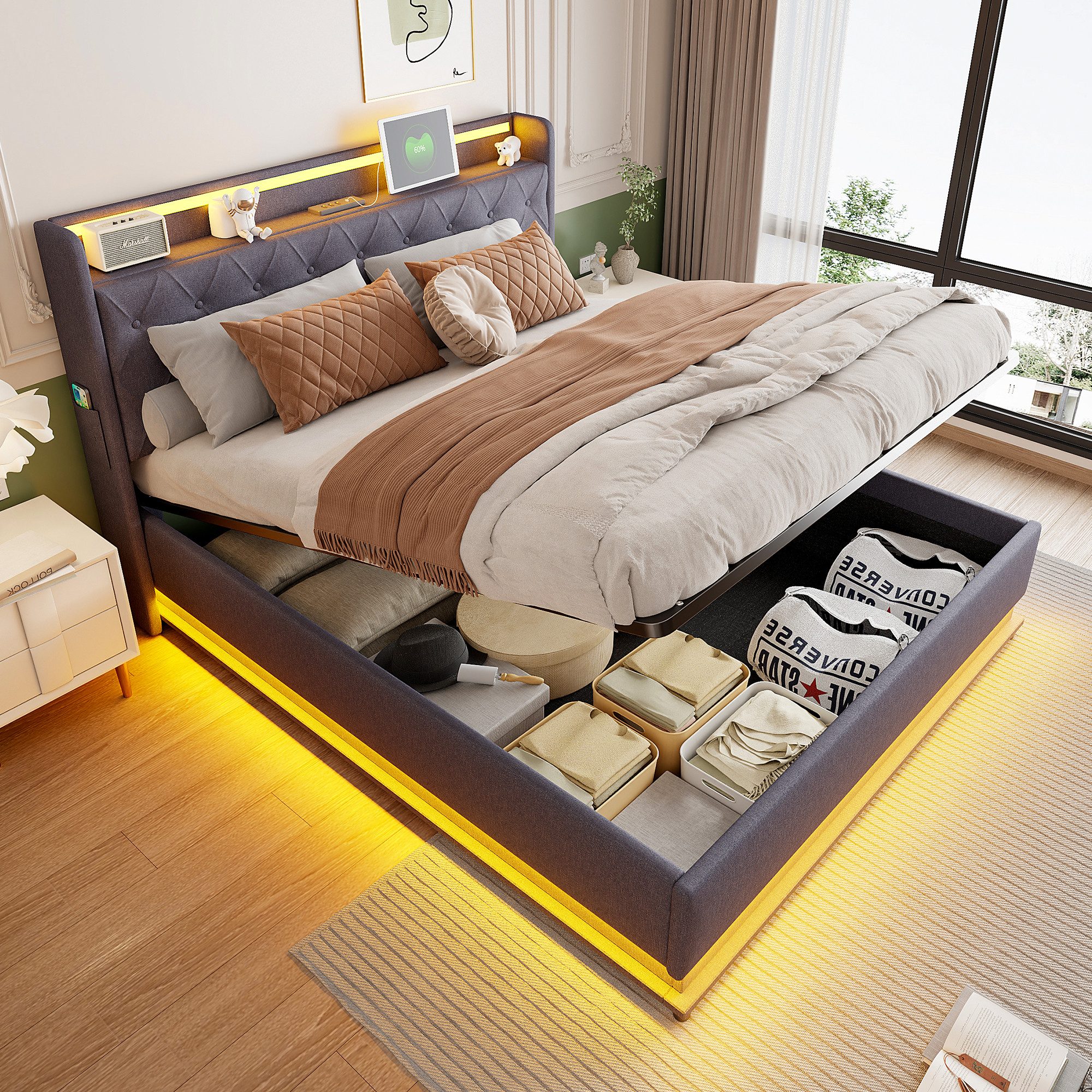 Merax Polsterbett mit LED-Beleuchtung & USB-Ladeanschluss günstig online kaufen