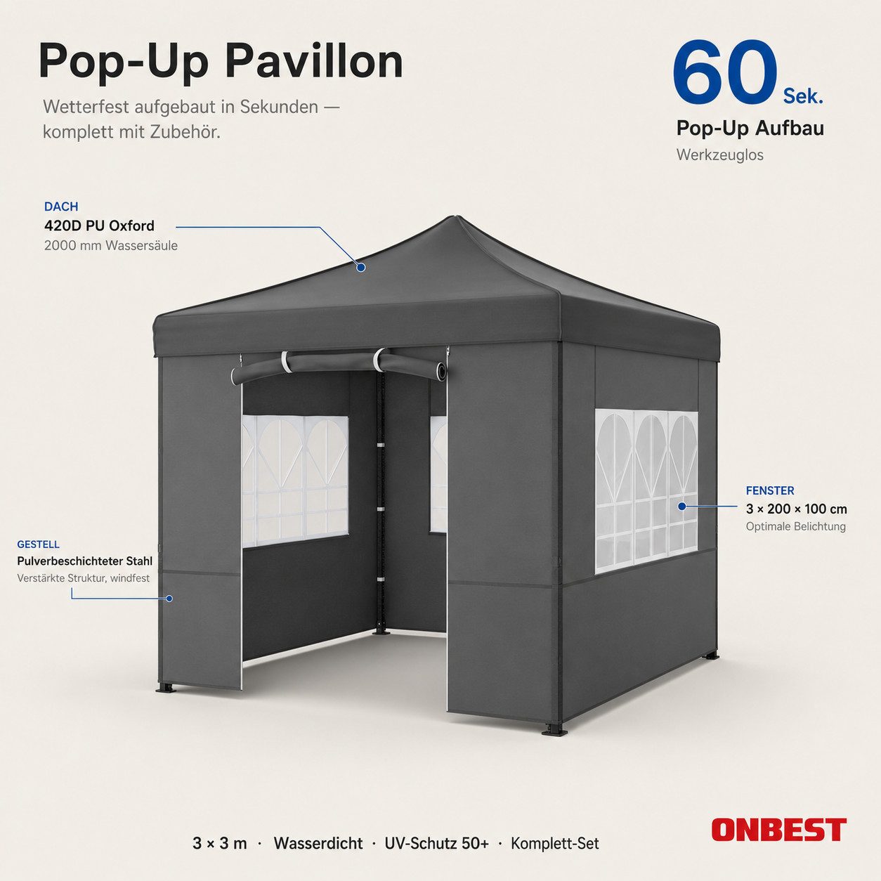 Onbest Pavillon Partyzelt Faltzelt Premium 3x3 Pop-Up mit viel Zubehör, mit 4 Seitenteilen, 420 PU Silver Coated Oxford, wasserdicht, UV 50+ – Bild 2 von 5