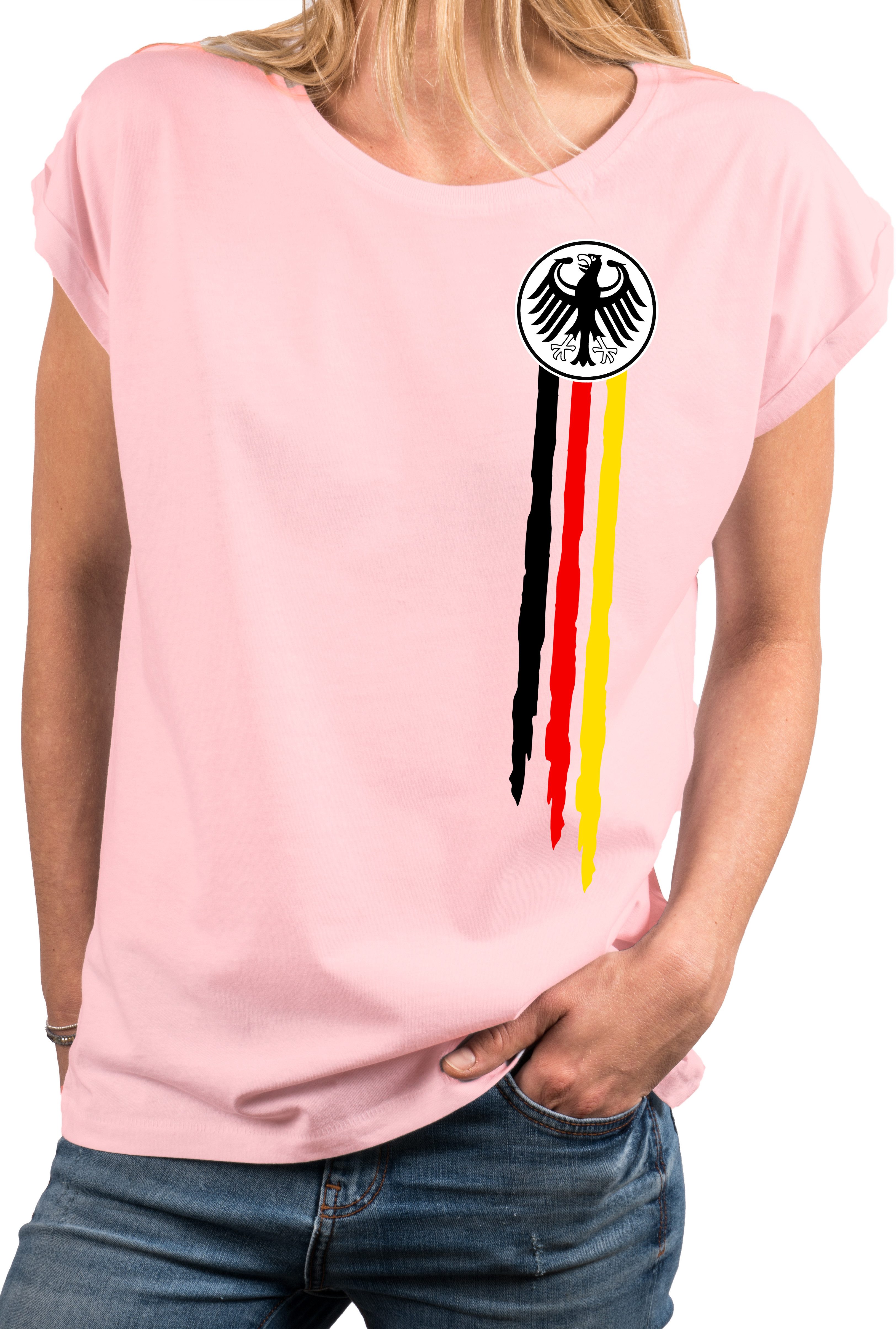 MAKAYA Print-Shirt Deutschland EM Trikot Damen Adler Flagge Fahne Fußball WM Top (Schwarz, Weiß, Blau, Grau, Grün, Rosa, 34, 36, 38, 40, 42, 44, 46, 48, 50) große Größen