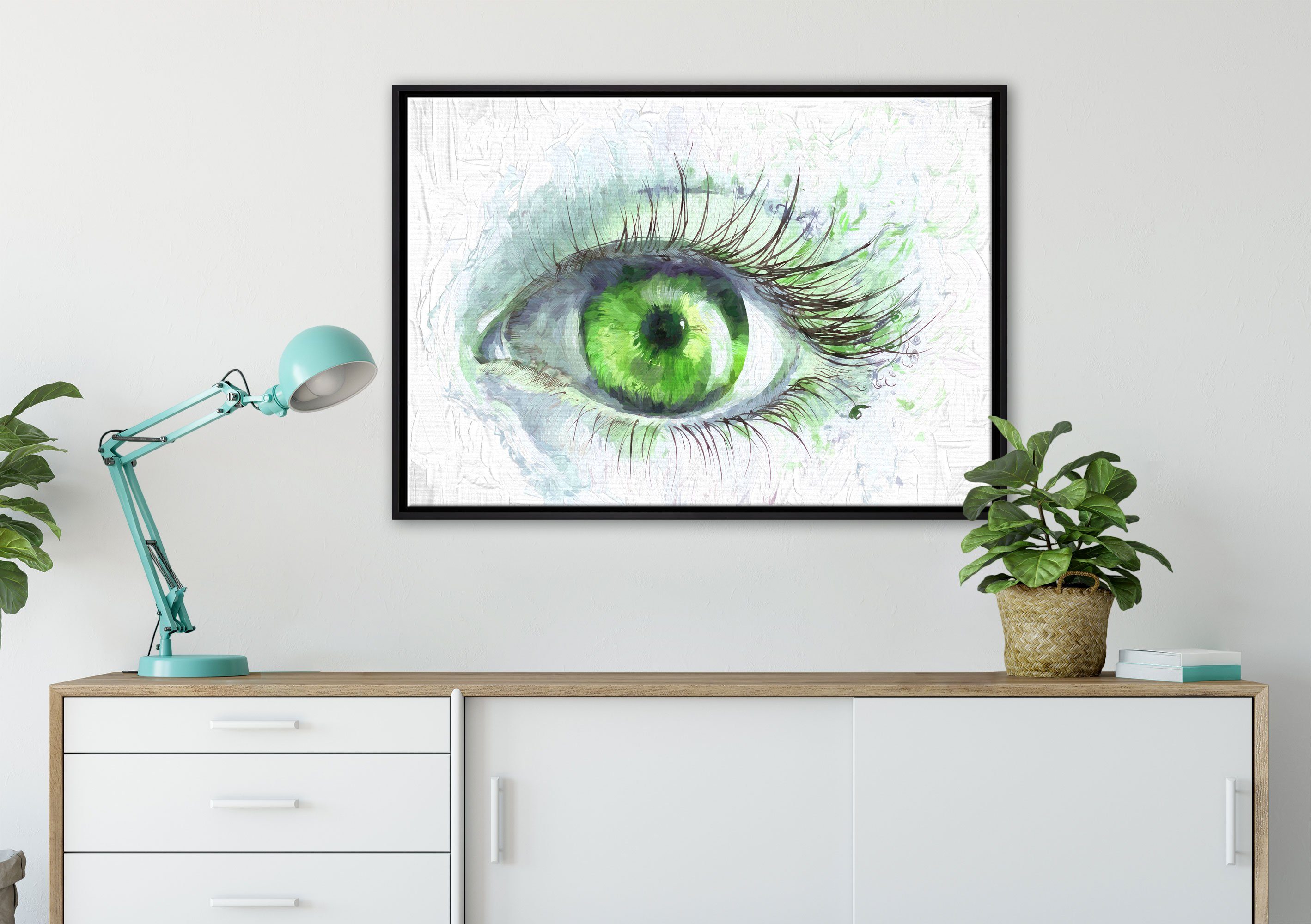 Pixxprint Leinwandbild Grünes Auge, Zackenaufhänger inkl. Schattenfugen-Bilderrahmen gefasst, bespannt, einem (1 Leinwandbild fertig St), Wanddekoration in