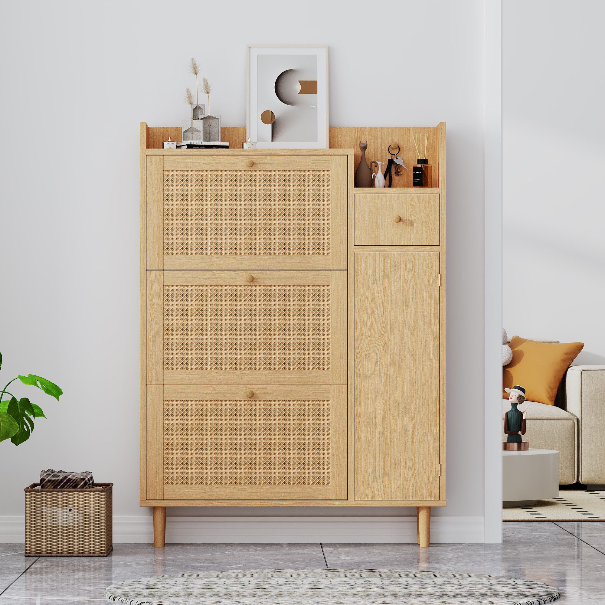 i@home Schuhkipper Holzwerkstoff Schuhschrank aus Rattan–geeignet für enge Eingänge (3 Kipp-Türen und 1 Schublade–mit Massivholzbeinen und Griffen, B90/H125/T17 cm), Platzsparend, Rattan-Design, Großer Stauraum