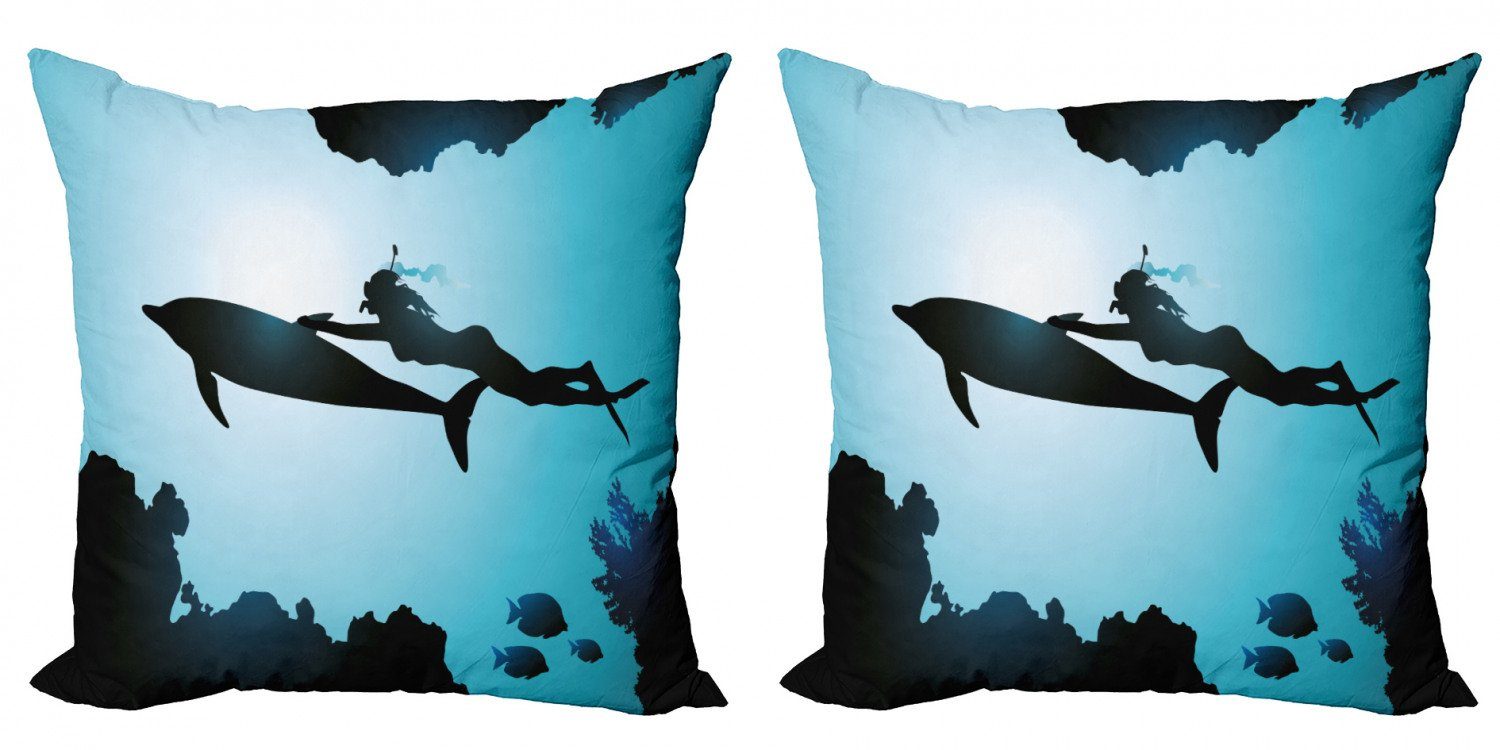 Kissenbezüge Modern Accent Doppelseitiger Digitaldruck, Abakuhaus (2 Stück), Delphin Taucher Mädchen mit Dolphin