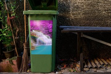 MuchoWow Wandsticker Wasserfall - Bäume - Regenbogen - Lila (1 St), Mülleimer-aufkleber, Mülltonne, Sticker, Container, Abfalbehälter