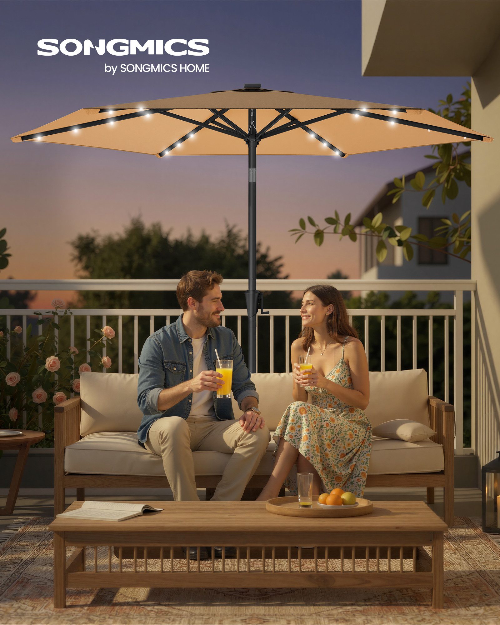 SONGMICS Sonnenschirm, ∅270cm,mit LED-Solar-Beleuchtung,UPF50+,ohne Ständer