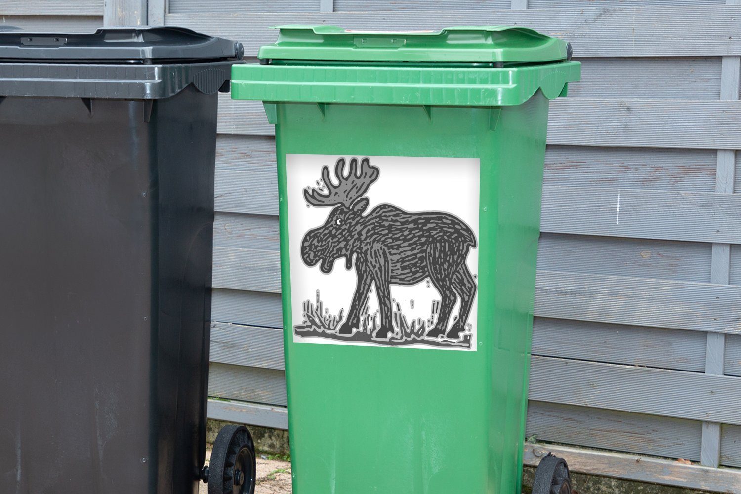 Illustration St), MuchoWow eines Hintergrund Mülleimer-aufkleber, mit Sticker, Mülltonne, - im Eine (1 weißem Elchs Container, Abfalbehälter Wandsticker Wasser