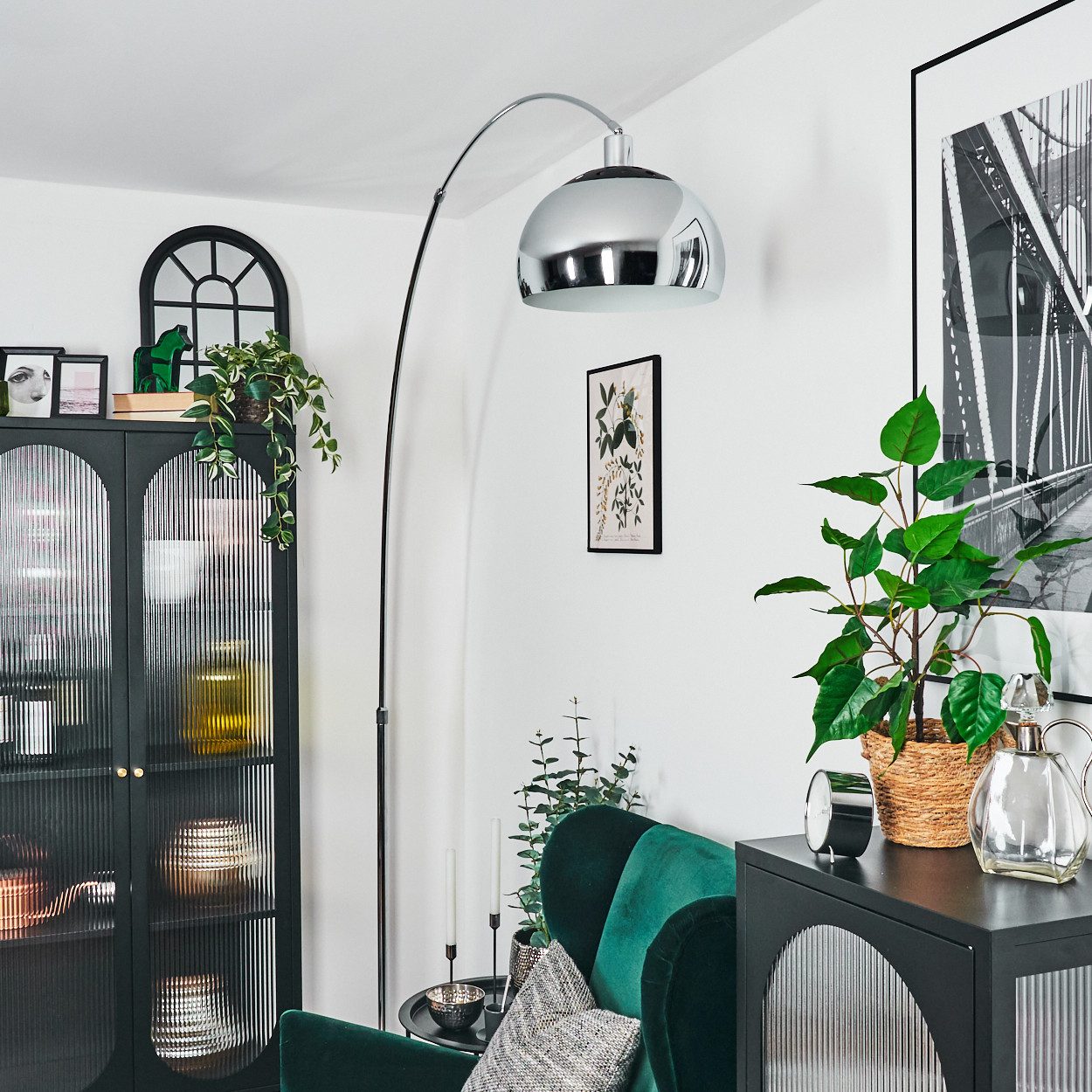 hofstein Bogenlampe Stehlampe Metall in Schwarz/Chrom/Rauch/Weiß/Schwarz im Vintage-Design, verstellbare Stehleuchte mit Marmorfuß, Lichteffekt, Fußschalter, E27