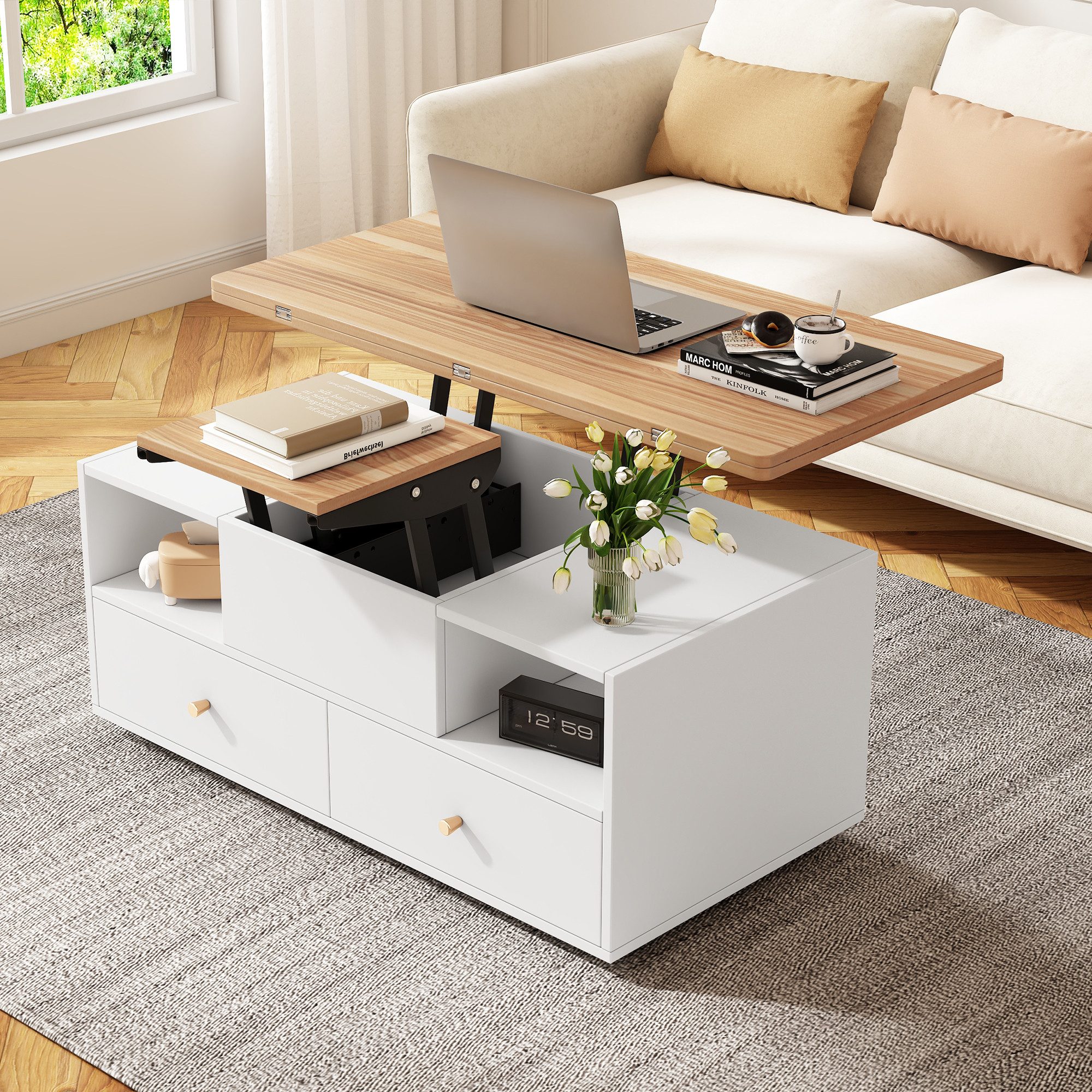HAUSS SPOLE Couchtisch Höhenverstellbarer Couchtisch mit Klappfunktion und 4 Schubladen (Satztisch, Beistelltisch, 1-St., Höhenverstellbarer Wohnzimmertisch mit 4 Schubladen), Hydraulik-Hubtisch, beweglicher Sofatisch
