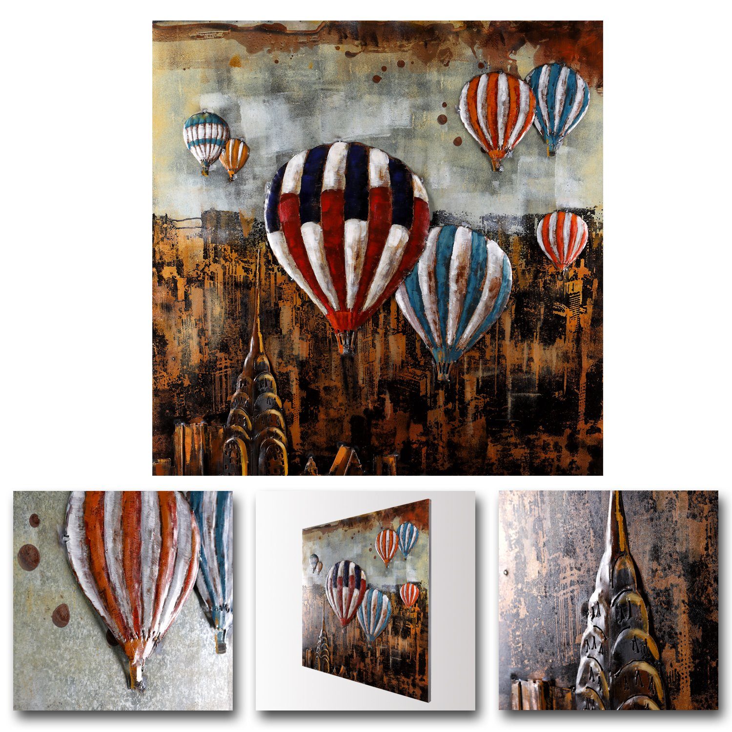 Home4Living Metallbild Wandbild Metallbild Heißluftballon 3D-Optik 100x100cm, Heißluftballon New York, 3D Effekt