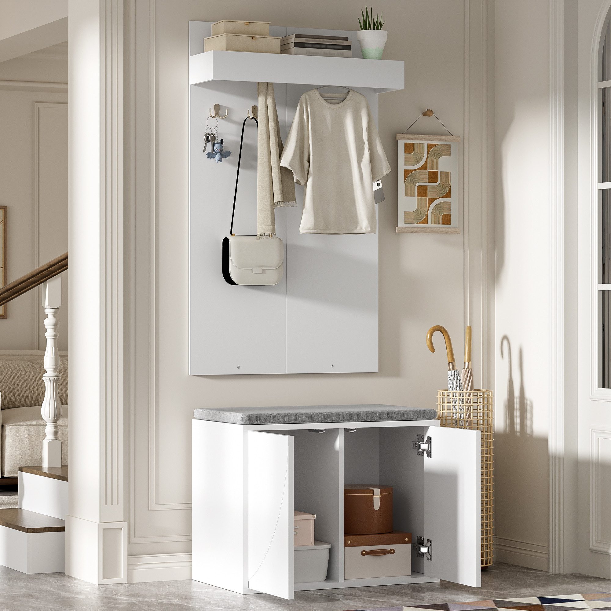 Flieks Garderoben-Set Kompaktgarderobe Kleiderständer mit 4 Haken, Schuhbank mit Kissen, (Set, 2-St., 60×35×(45+100) cm), Garderobenständer Schuhschrank Kleiderständer Weiß