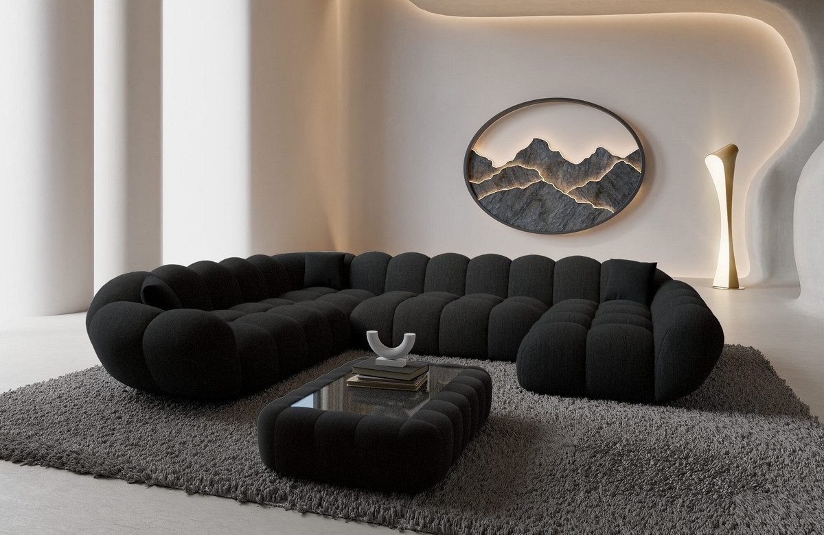 Sofa Dreams Wohnlandschaft Maleron XXL Polster Couch, 6-Sitzer, Stoff Sofa, Ottomane rechts, Strukturstoff in Schwarz