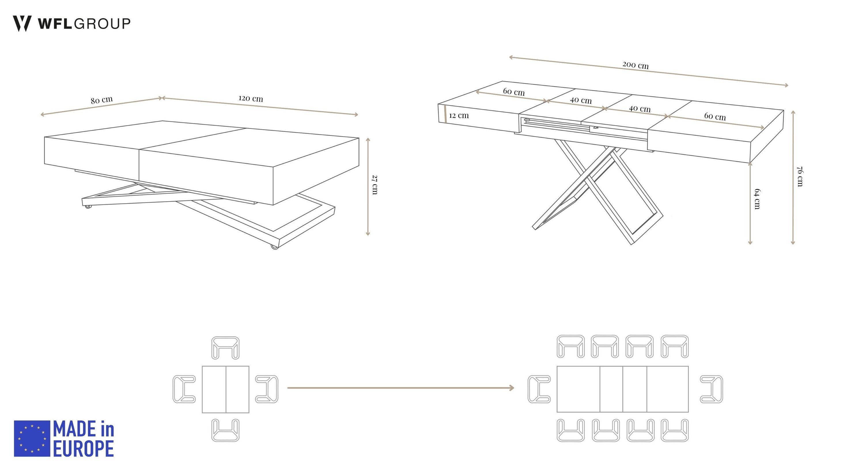 WFL GROUP Couchtisch Cavetta U höhenverstellbar ausziehbar mit schwarzen Metallbeinen (MADE IN EU, erhältlich in einer Größe – 120x80x27-76 cm, ausziehbar auf 2 – Bild 3 von 5