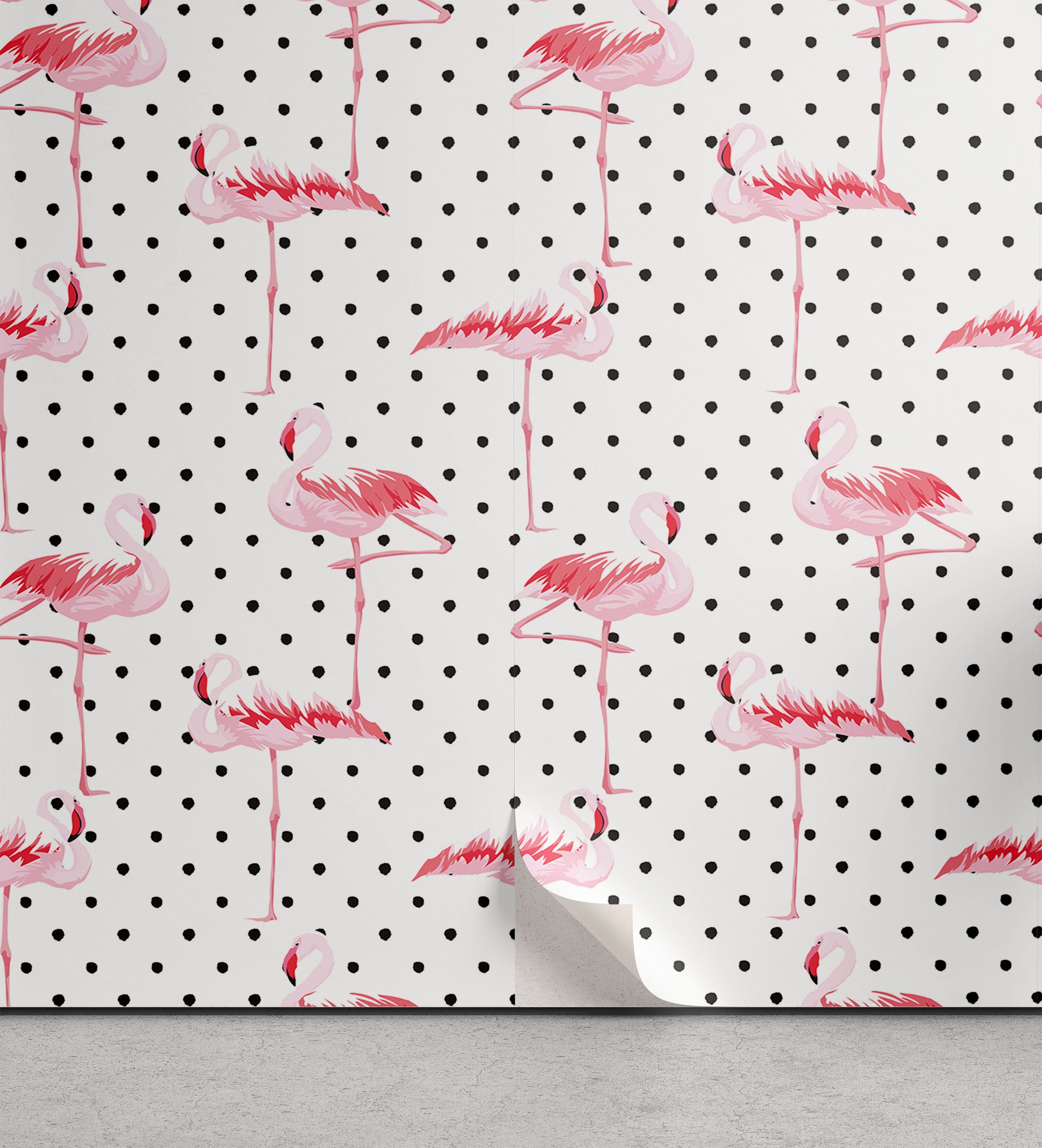 Abakuhaus Vinyltapete selbstklebendes Wohnzimmer Küchenakzent, Retro Flamingo Vögel Tupfen