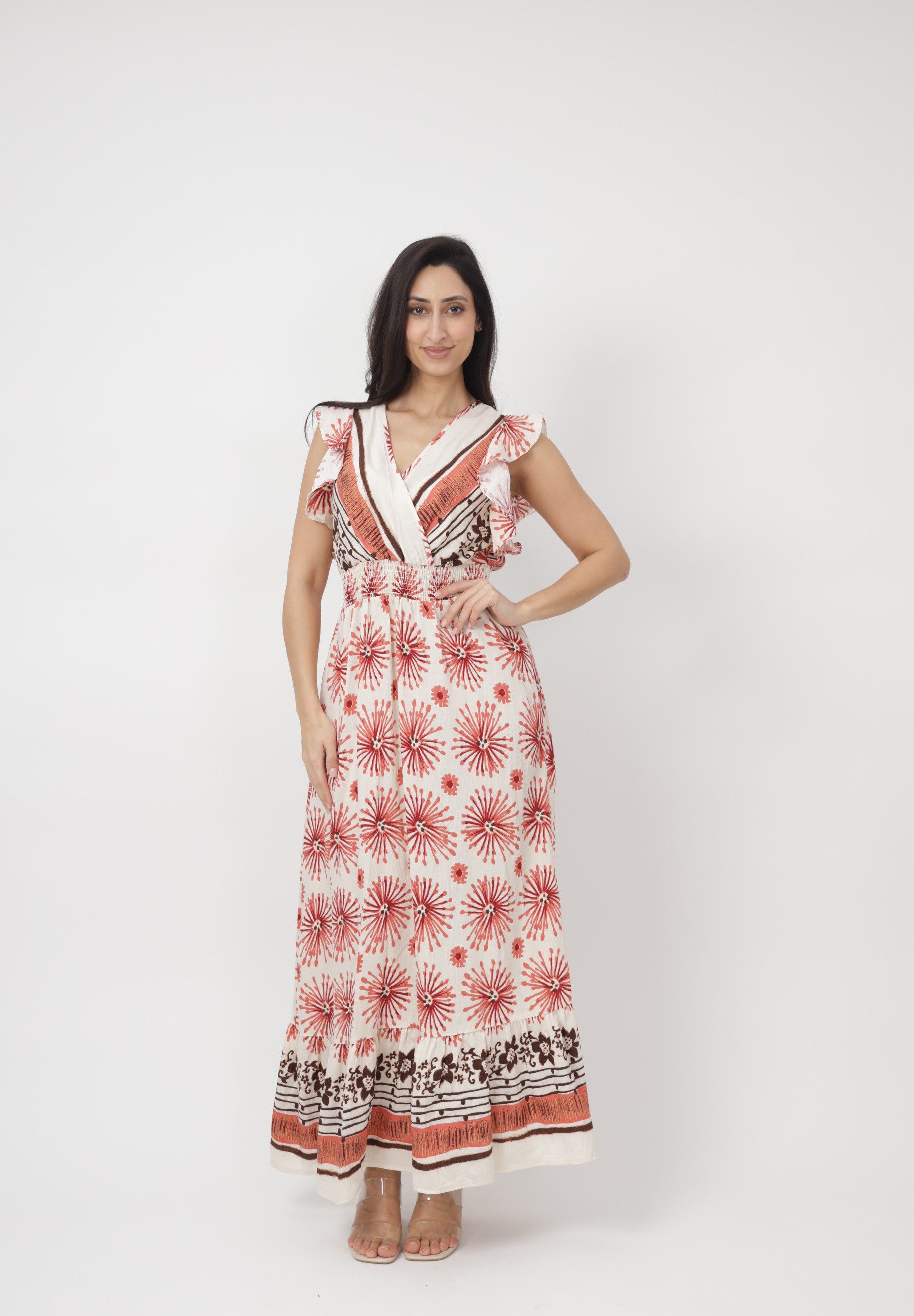 Maxikleid Damen Kleid mit Volants und Musterprint – Sommerkleid Elegant