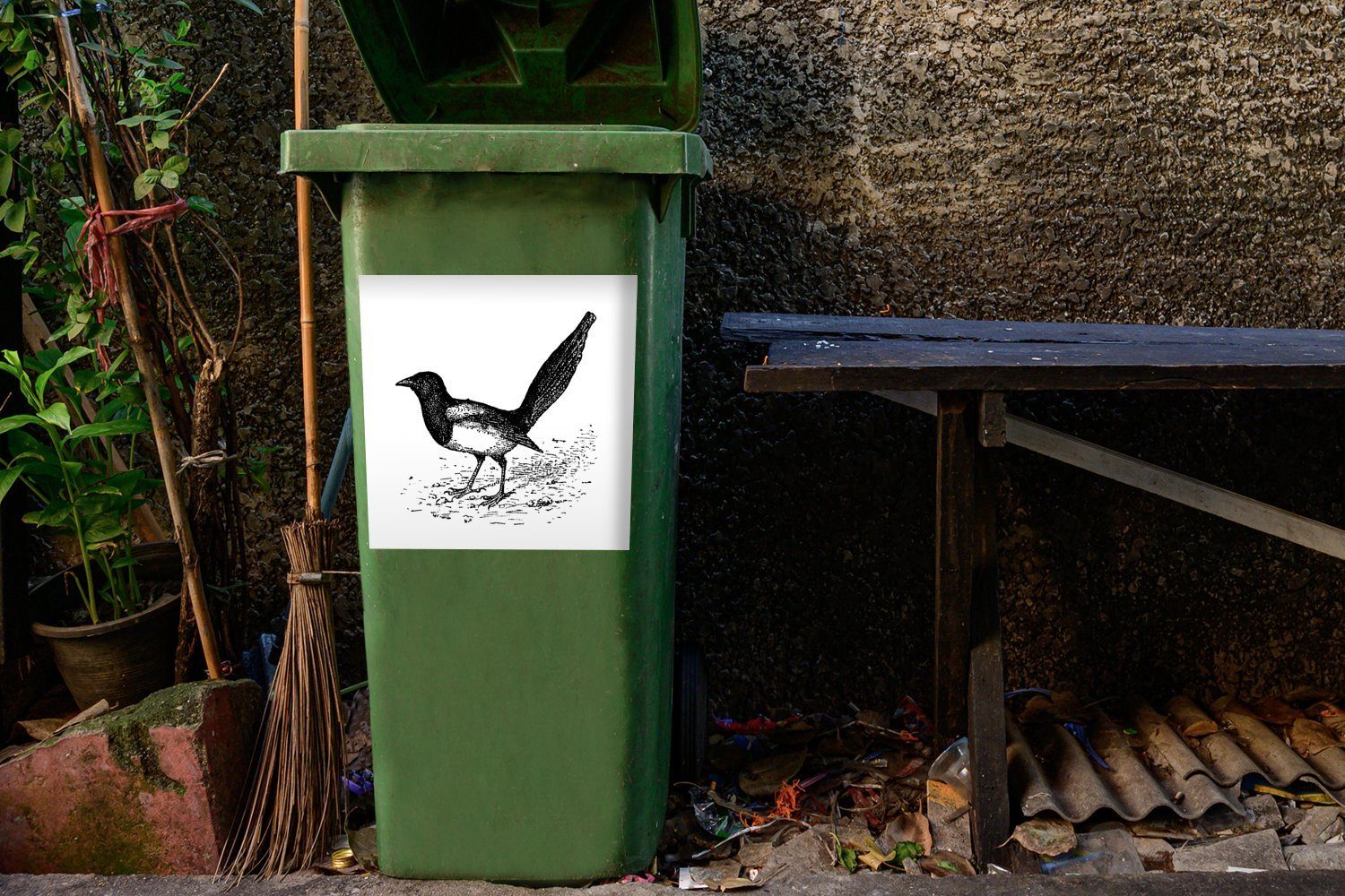 Sticker, einer Mülltonne, St), Illustration Wandsticker Elster (1 Container, Mülleimer-aufkleber, MuchoWow Abfalbehälter Antike
