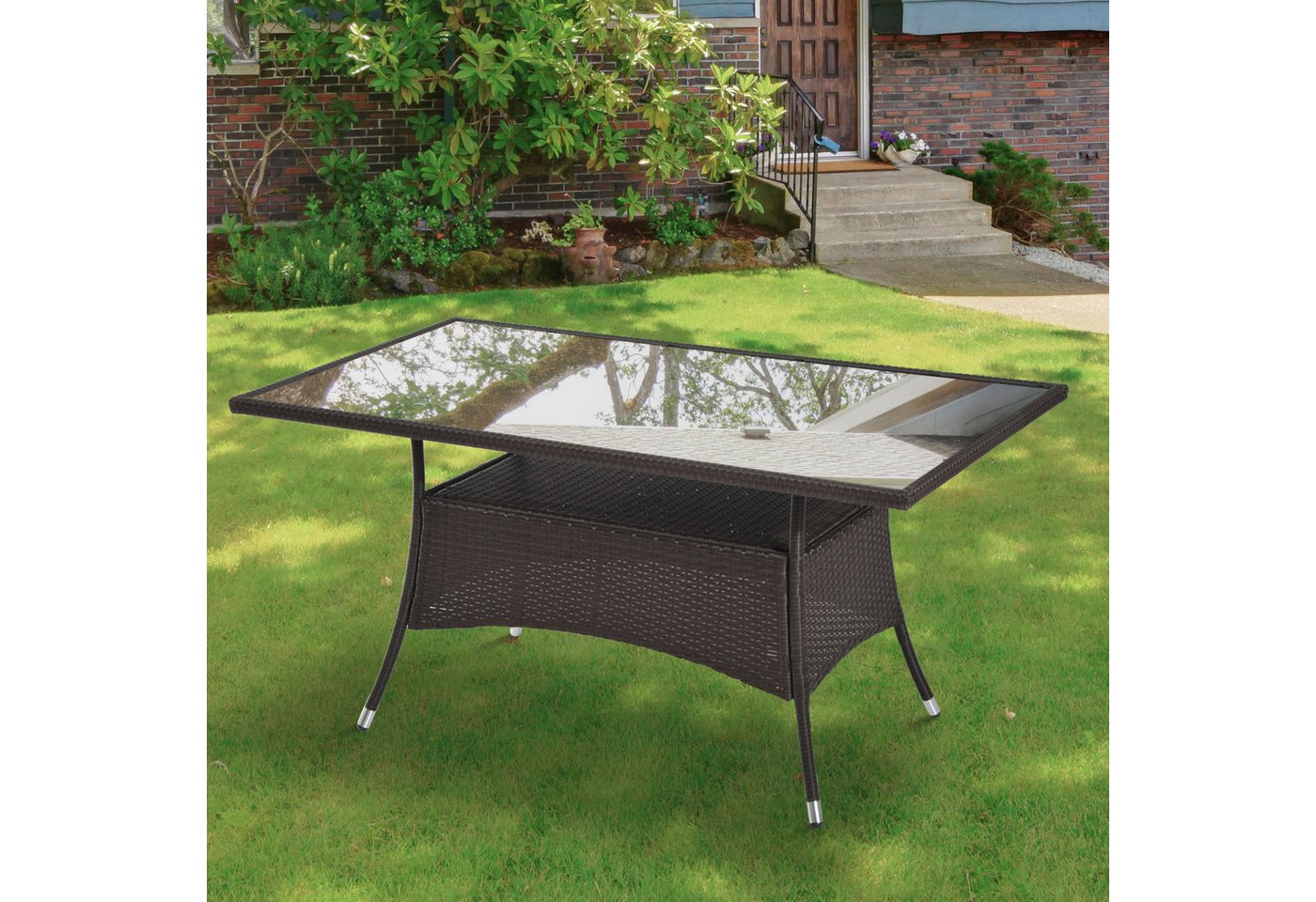 Outsunny Gartentisch Glastisch Tisch, Polyrattan+Sicherheitsglas, Braun+Schwarz (Gartenmöbel, 1-St., Esstisch), Gartentisch Glastisch Esstisch Gartenmöbel Tisch Metall 150x85x74cm