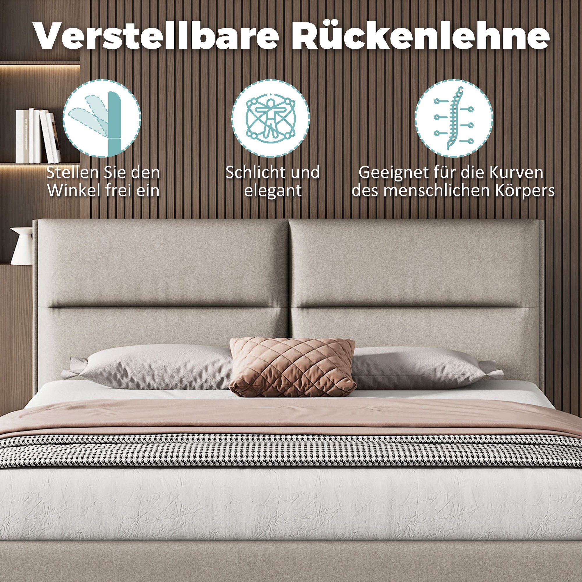 Polsterbett (Doppelbett 160x200cm), mit Winkel-verstellbarem Kopfteil & Lattenrost, Leinen, ohne Matratze