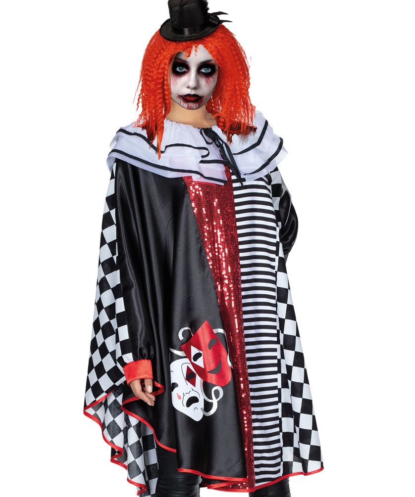 Karneval-Klamotten Kostüm Horror Pierrot Damen grusel Halloweenkostüm Narr, Damenkostüm Halloweenkostüm Clown Harlekin Cape Umhang Karneval