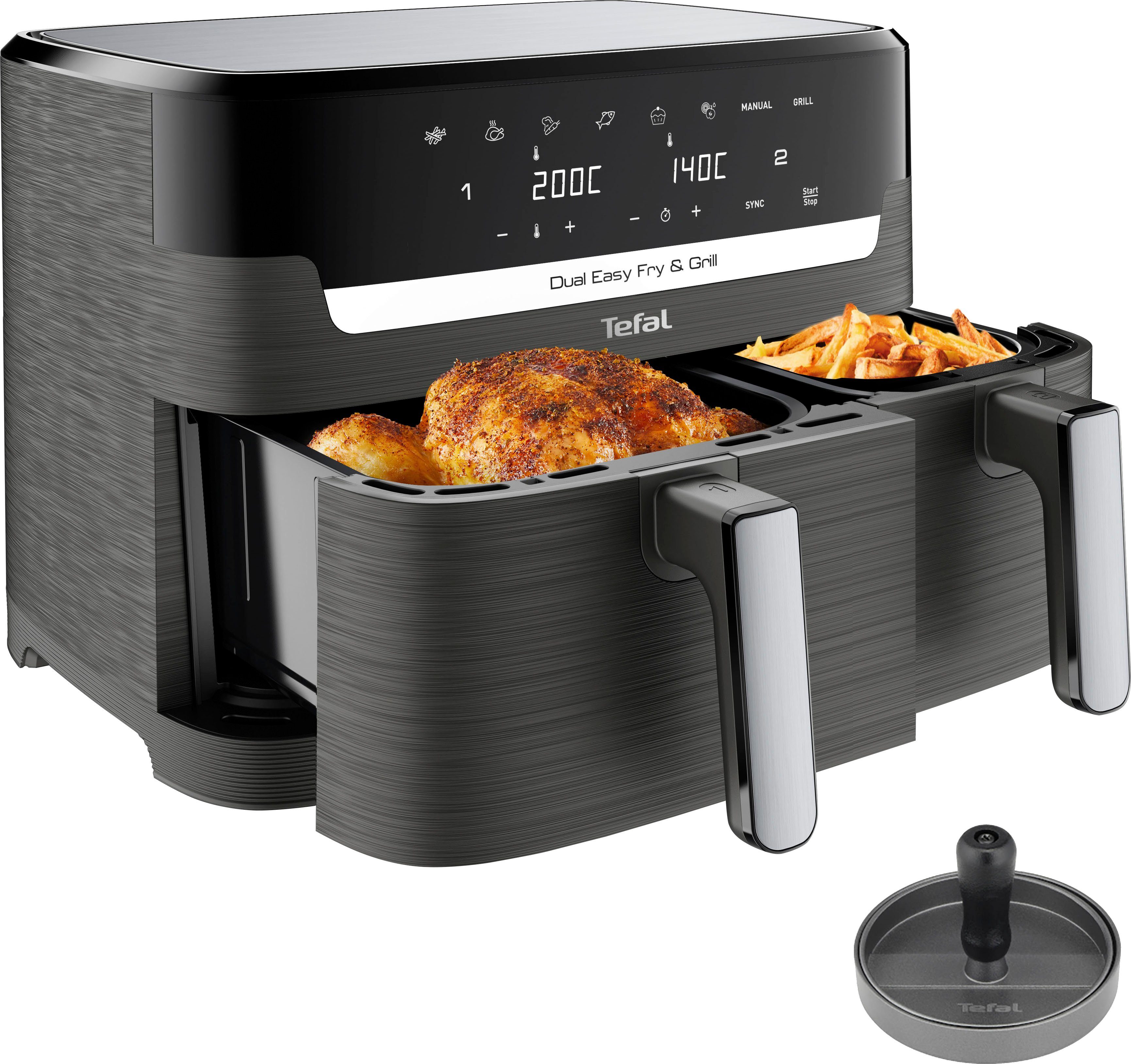 Tefal Heißluftfritteuse & Presse 2 Kapazität, Fry W, Easy Laden, EY905B Hamburger 2700 8,3 mit Grill Dual L Doppelkammer