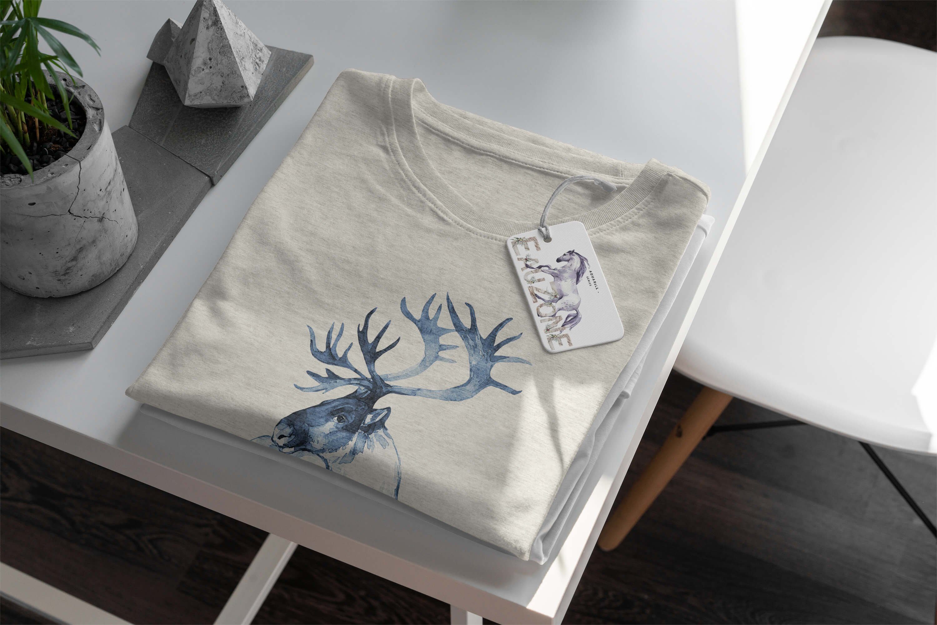 T-Shirt 100% Ökomode Herren Bio-Baumwolle Art Motiv Shirt aus Nachhaltig Hirsch erneu gekämmte Aquarell Sinus T-Shirt (1-tlg)