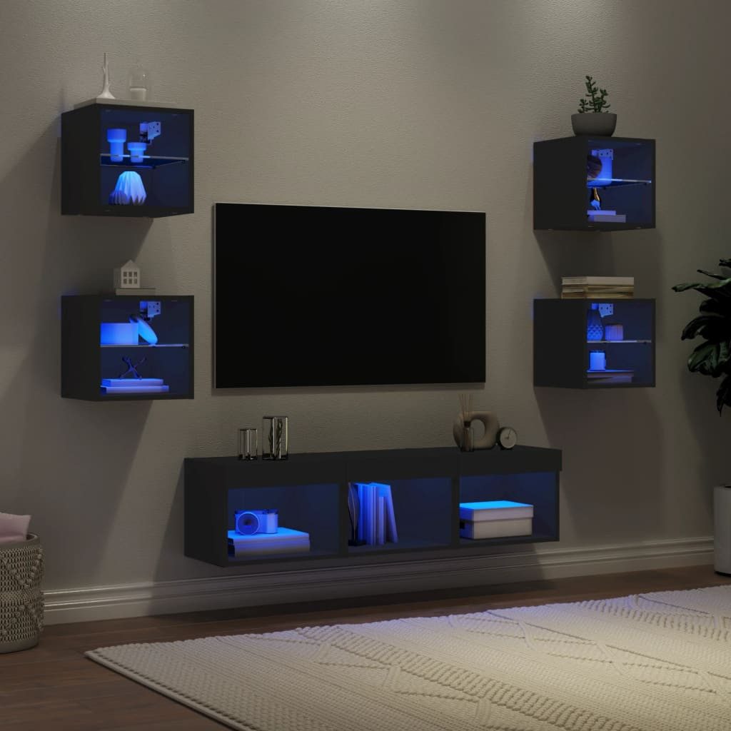 vidaXL Schrankmodule 7-tlg. Wohnwand mit LED-Beleuchtung Schwarz Holzwerkst günstig online kaufen