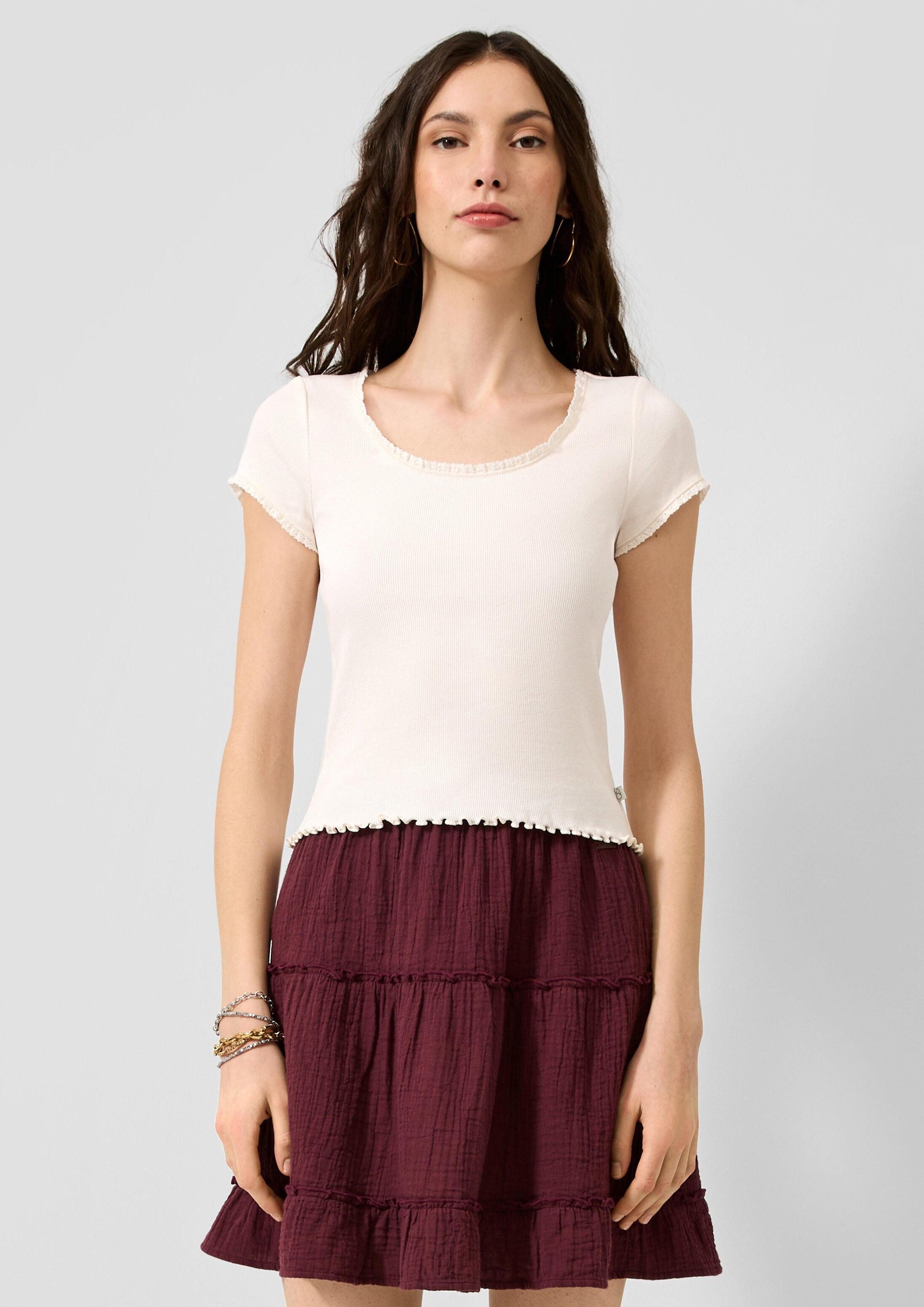 QS Kurzarmshirt T-Shirt Rippshirt mit Spitzenkante