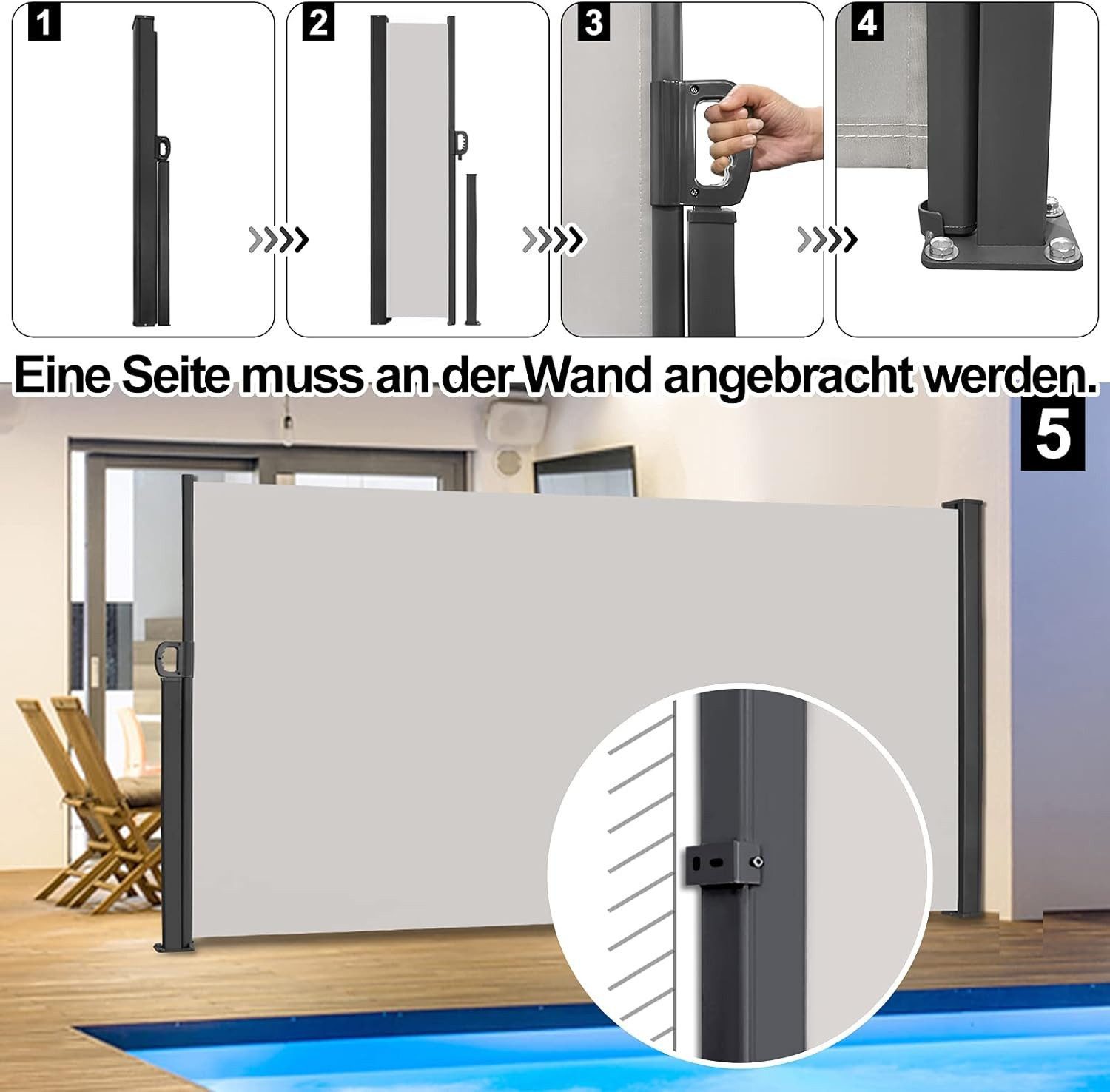 FIVMEN Seitenmarkise Alu Ausziehbar Sonnenschutz mit Wandhalterung, Grau
